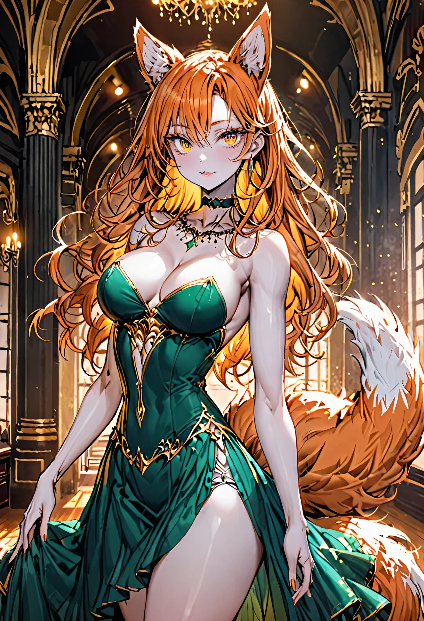 female, sfw, ballroom, slender, voluptuous build that accentuates her curves, warm sun-kissed skin, orange-red hair, loose hair, flowing wavy hair, long hair, golden amber eyes, almond-shaped eyes, thick eyelashes, mischievous look, large perky breasts, fitted bodice of an emerald green dress, short pleated skirt, toned legs, low neckline, pale skin, choker on neck, confident, orange fox ears, orange fox tail, white-tipped tail