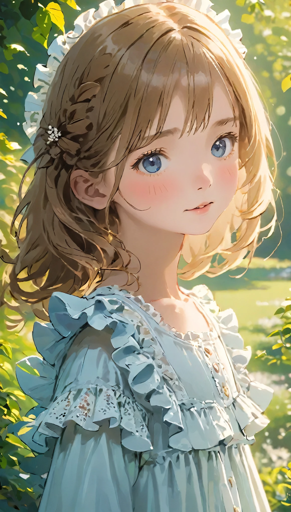 (Cute Face, surprisingly flat chest), (Beautiful ruffle and lace outfit:1.3), Ultra-high resolution, Superior Quality, highest quality, Super detailed, Realistic, 8k, RAW Photos, highest quality, masterpiece, Professional photography, Realistic portraits, Beautiful details, Close-up portrait of a little girl, Outdoor, Beautiful sight, Beautiful views, Beautiful background, (Beautiful Face:1.2),
