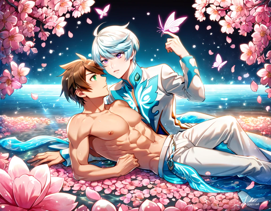 absurdres, highres, ultra detailed, HDR, master piece, best quality, Mikleo, white hair, expressive purple eyes, tales of zestiria, Sorey, brown hair, expressive green eyes, two y men together, gay couple, yaoandsome, toned chest,white clothes, magical, fantasy, shining, water, pink flowers, pink blossoms, pink butterf, pink petals