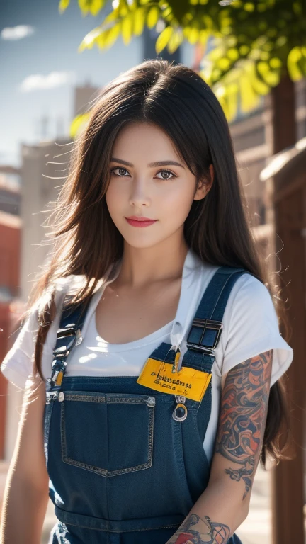 ((best quality)), ((masterpiece)), (detailed), mesmerizing and alluring female mechanic covered in grease,Confident smile，Look into the camera，(Dirty and rugged charm:1.2), (tough and confident demeanor:1.1), (mechanical expertise:1.3), disheveled hair, smudged face with a playful smirk, stained overalls clinging to her curves, (gritty tools of the trade:1.2), cluttered repair shop, scattered car parts, (authentic automotive ambiance:1.2), (intense gaze:1.1), gripping a wrench in her dirty hands, 8k resolution,looking at another, looking away,( tattoo:1.2), masterpiece, best quality,Photorealistic, ultra-high resolution, photographic light