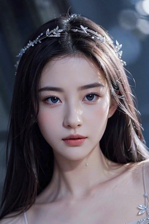 Seven-part photo, masterpiece, highest quality, Official Art, Very detailedな CG 8k 壁紙,(Fluttering petals)(Detailed ice) ,  Cleavage，water晶质感皮肤, Cold look, Gray Hair, Long Hair, Messy Hair, blue eyes, Looking at the audience, Very delicate and beautiful, water,  ((Beautiful and delicate eyes)), Very detailed, Cinema Lighting,((Pretty face),fine water surface, (Original Portraits), Very detailed, Very detailed,  (Very delicate and beautiful), Beautiful and delicate eyes, Split