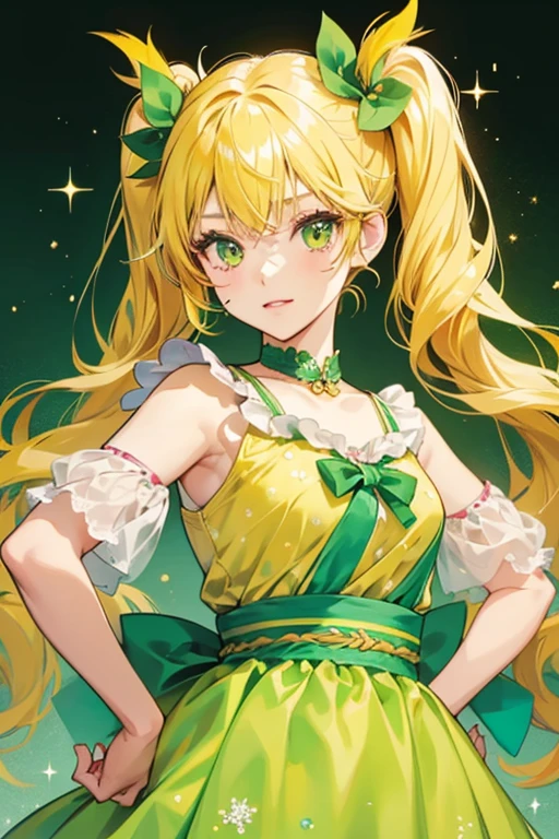 Kī-chan-tchi's appearance is based on Kī Saegusa's. She resembles a young girl with yellow hair tied up in twintails, green eyes, and a green and yellow dress.  SPARKLE; GLITTER