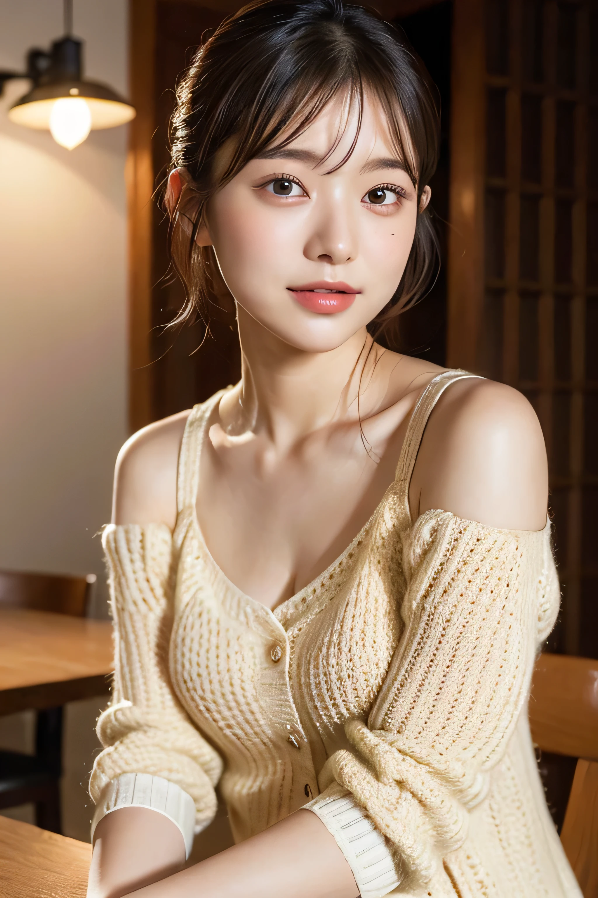 (natta:1.7), East Asian Architecture, 1 girl,  sixteen years old、Colossal tits　Beautiful shiny straight semi-long、Beautiful fingers,Beautiful long legs,Beauty Body，Cute nose，Beautiful character design，perfect  eyes，face perfect，looking at viewert，（Innocent_Big_Eyes：1.0），（light_Smile：0.3），offcial art，ighly detailed ，（tmasterpiece:1.0),(best_quality:1.0), 超A high resolution,4K,ultra - detailed, photography of, 8K, nffsw, hight resolution, the background is blurred, (Beautiful_Face:1.5),(8K,Raw photo, 、Relax at a ryokan in Japan、(The background is a café restaurant at night:1.3),(White tank top&White Beige Shoulder Length Knit Cardigan、Plaid Flared Micro Mini Skirt:1.3),(Colossal tits) Backgrounds with depth　Three-dimensional feeling　((White Beige Knitted Camisole、Thin string:1.4)) (Beautiful large breast),　(Sitting leaning forward with your chest proudly on the table:1.3)