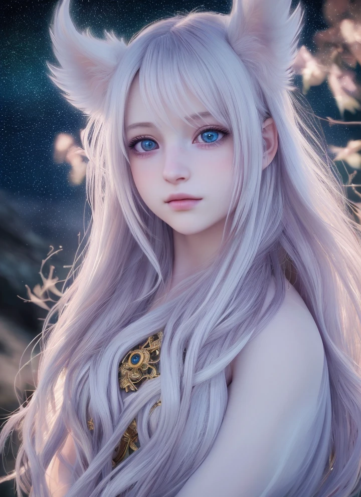1girl, standing on earth, looking up at night sky, shimmering stars, beautiful detailed eyes, beautiful detailed lips, extremely detailed eyes and face, long eyelashes, serene expression, vibrant colors, dynamic composition, tranquil, (best quality,4k,8k,highres,masterpiece:1.2),ultra-detailed,(realistic,photorealistic,photo-realistic:1.37),animal cosplay,white long hair,FINAL FANTASY,kawaii Japanese,animal eyes,fantasy,dreamy,ethereal,magical realism,soft lighting,glowing,detailed background