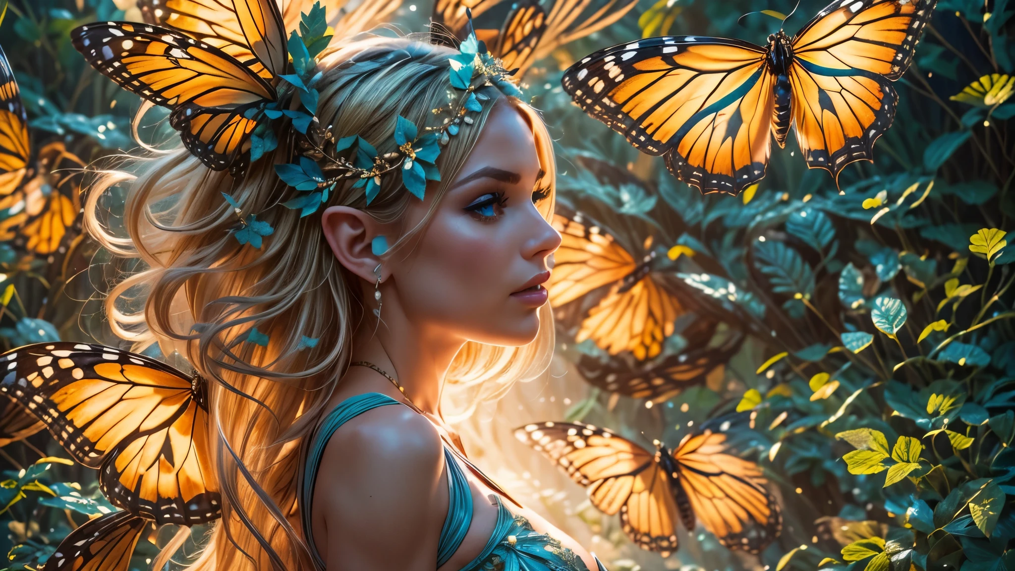 Beautiful faerie woman, elf ear, flying, massive monarch butterfly wings between shoulder blades, glowing blue eyes, detailed proportional hands, proportional body, firm breast, frank Frazzetta painting style, (Best Quality:1.4), (Ultra-detailed), (extremely detailed CG unified 8k wallpaper), Highly detailed, RAW Photos, Professional Photography, plein air, Illumination, (Super fancy photos:1.4), (Dazzling light), Radiant Photography, depth of fields