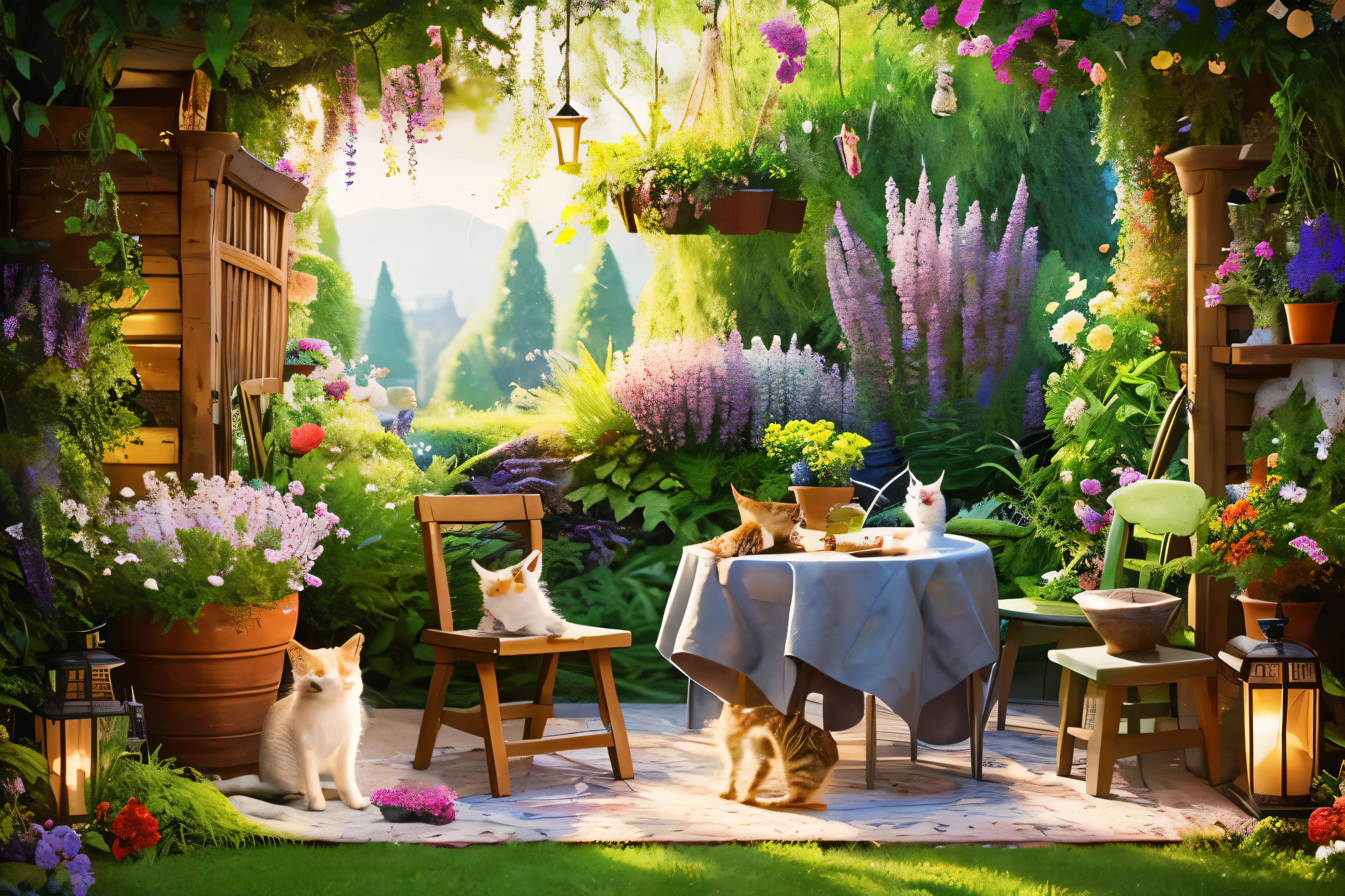 a close up of a table with cats and flowers and many small cats on it, a jigsaw puzzle by senior artist, cg society contest winner, fantastic realism, afternoon hangout, cats and plants, meeting of the cats, tiny, flower shop scene, gardening, (extremely detailed, magical scene, in the garden, extremely intricate, home and garden, cat masterpiece, sitting in the garden