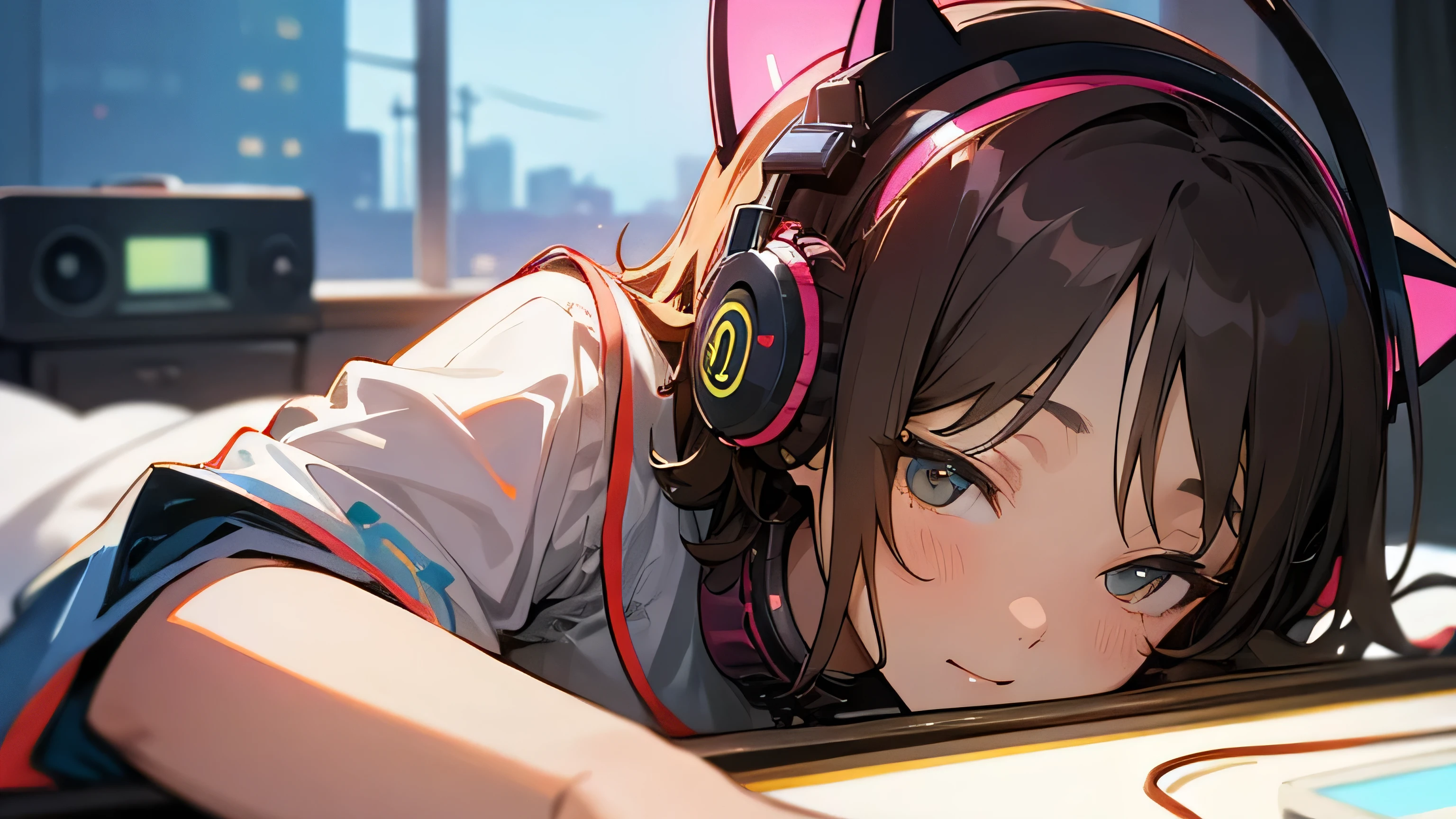 Room with speakers、Cat with headphones、Upper body close-up、night