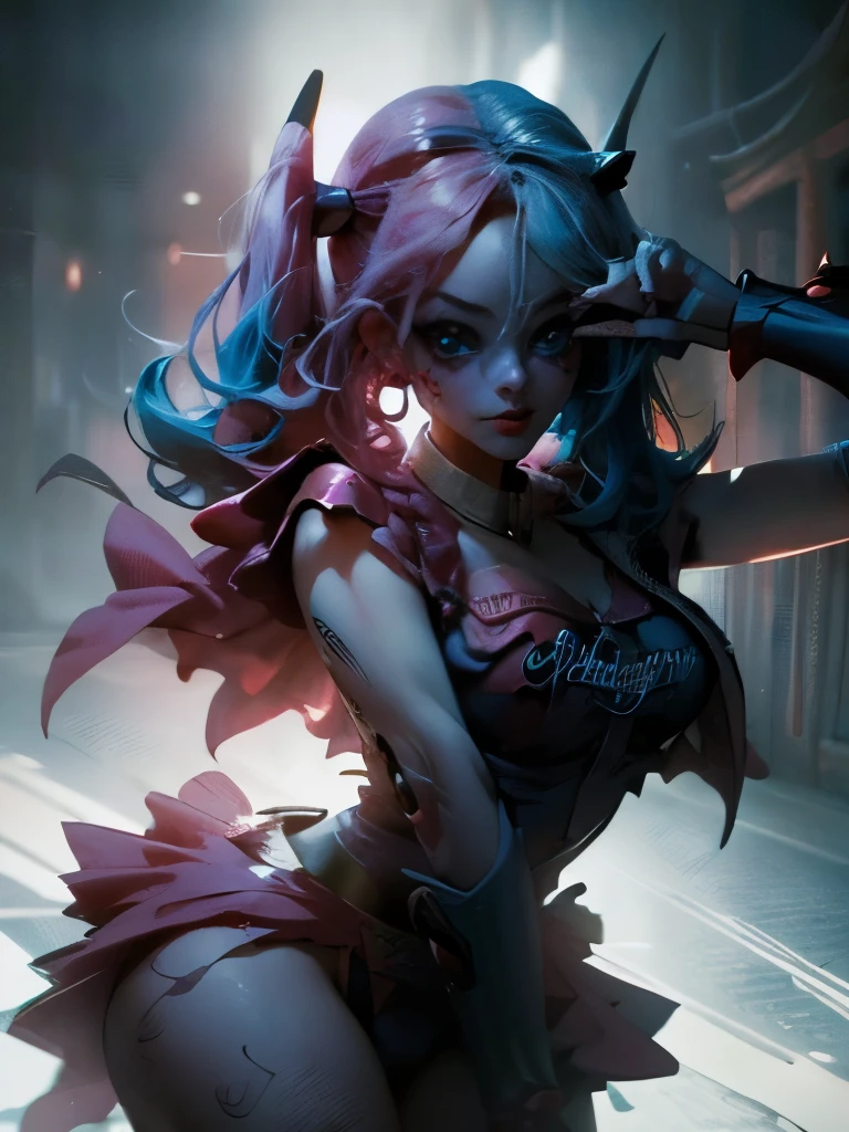 Maga oscura gils vestida de Harley Quinn. Tiene cabello rubio y negro. Ojos azules. Labios rojos. Gils, el mago oscuro, se viste como Harley Quinn. Pose sensual y inocente. Fondo de circo y magia.