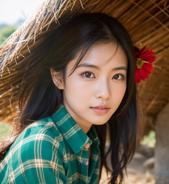 Young Asian woman, 25 years old, beautiful, long hair flowing up. A clear and detailed face, 8k,Wear a red and green and blue plaid shirt., In the open countryside there is a thatched hut with red flowers. Different action poses, Take photos 16k,with a high quality Fujicamera.,45,000,000 pixels