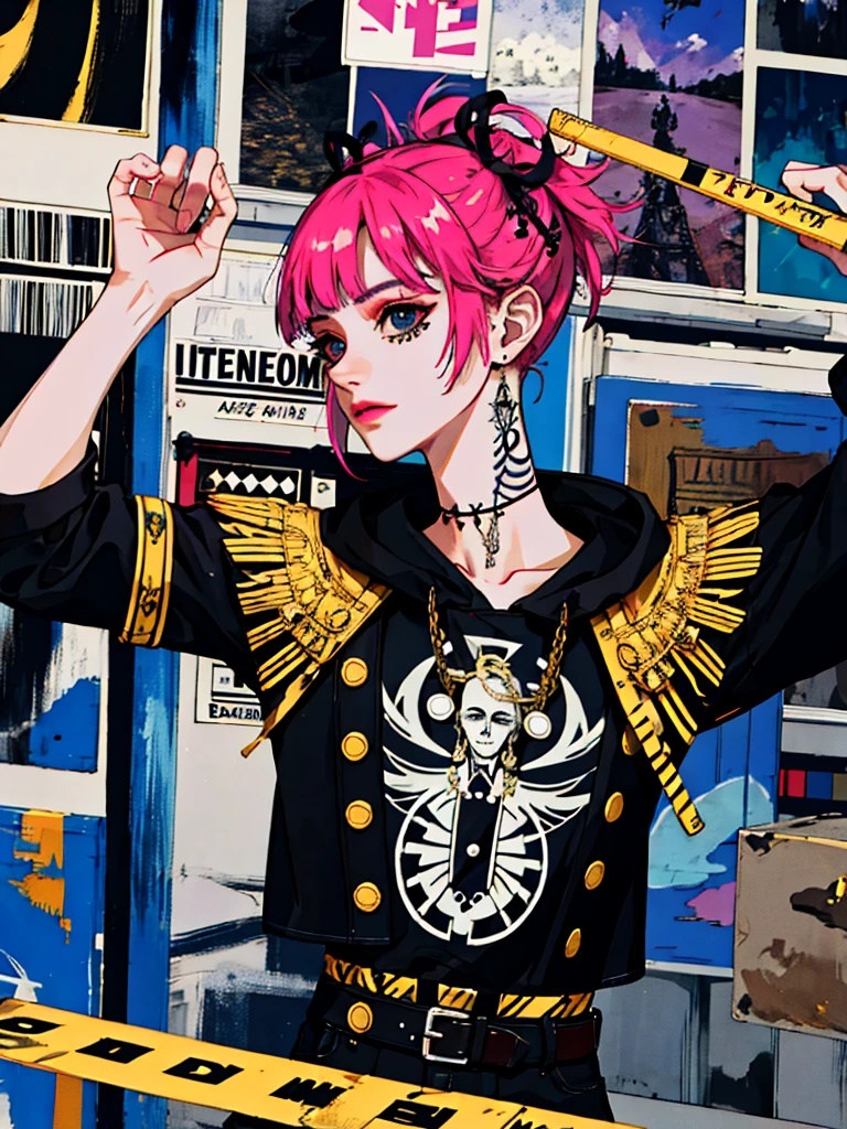 (Masterpiece:1.2, Best quality), (real photo, Intricate details), (1lady, solo, Upper body, small breast) ,all body,clothes:advance guard,advance guard,Experiment with appearance:Shave your head or bold hair color,Dramatic makeup,Unconventional fashion choice behavior:rebel、Not conformist、Provocation location:Urban Arts District、Underground music venues Hobbies:Take part in a punk show、Create mixed media art、Try different subcultural values:personality、authentic、Creative expression of inspiration:Punk rock music、Counterculture icons,Avant-garde art movement character traits:daring、daring、act outside the box。
