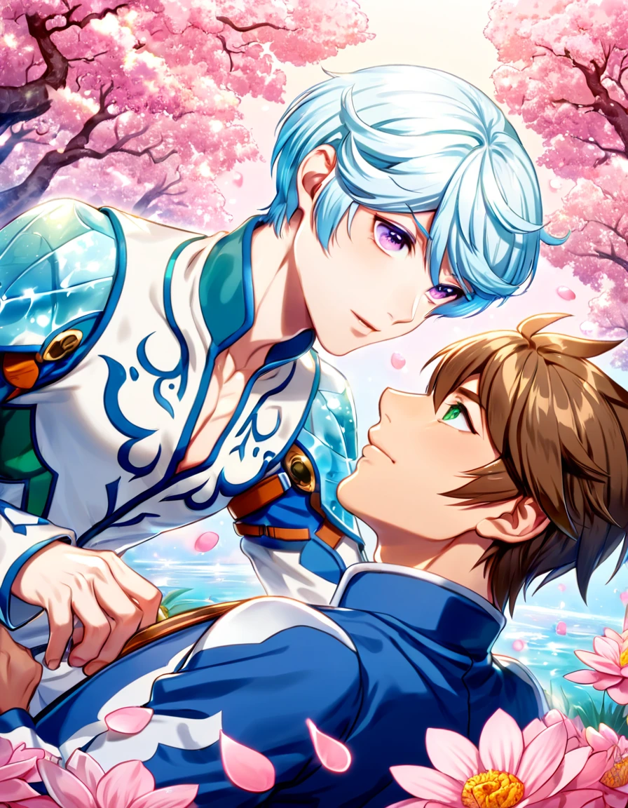 absurdres, highres, ultra detailed, HDR, master piece, best quality, Mikleo, white hair, expressive purple eyes, tales of zestiria, Sorey, brown hair, expressive green eyes, two sexy men together, gay couple, yaoi, handsome, toned chest,white clothes, magical, fantasy, shining, water, pink flowers, pink blossoms, pink butterflies, pink petals