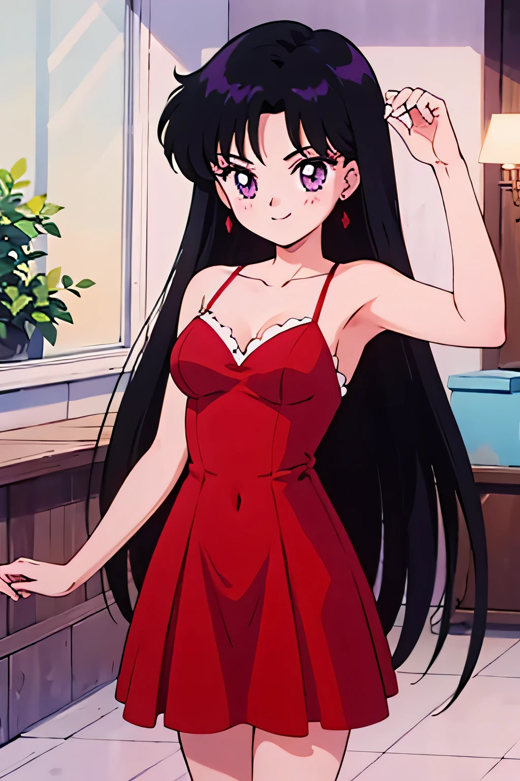 1 girl, solo, Rei Hino, very long hair, black hair, parted bangs, purple eyes, 1990s \(style\), Best quality, masterpiece, High Definition, red dress, a red flamenco dress, collarbone, dancing in the street at night, candle lights on the windowsill, cowboy shot, medium breast, smile,