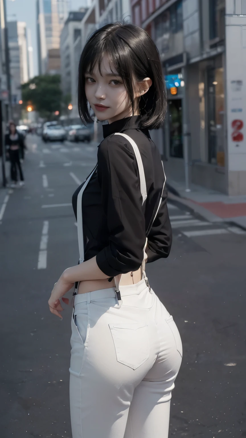 ((In the city:2.0)), ((Black shirt with collar:2.0, suspenders:2.0, White pants:1.8)), (Clothing:2.0, Panties under white skinny pants:2.0, suspenders under Black shirt with collar:2.0, sneakers:1.5), ((In the city:2.0)), ((A grin:1.2, Small breasts:1.5, slender:1.5, Small Ass:1.5)), ((Japanese, 1 Girl, 18-year-old, 7 heads, Ideal body proportions, Black Hair, With bangs, Small breasts, Erect nipples, slender, Small Ass, Beautiful feet, Skinny Legs)), Surrealism, Cinematic Lighting, Depth of written boundary, First Person View, Boobs F/1.8, 135mm, Ticker, Mastepiece, Curate, ((Anatomically correct:1.3)), Textured skin, Super Detail, High detail, High quality, Awards, Best Quality, High resolution, 8K