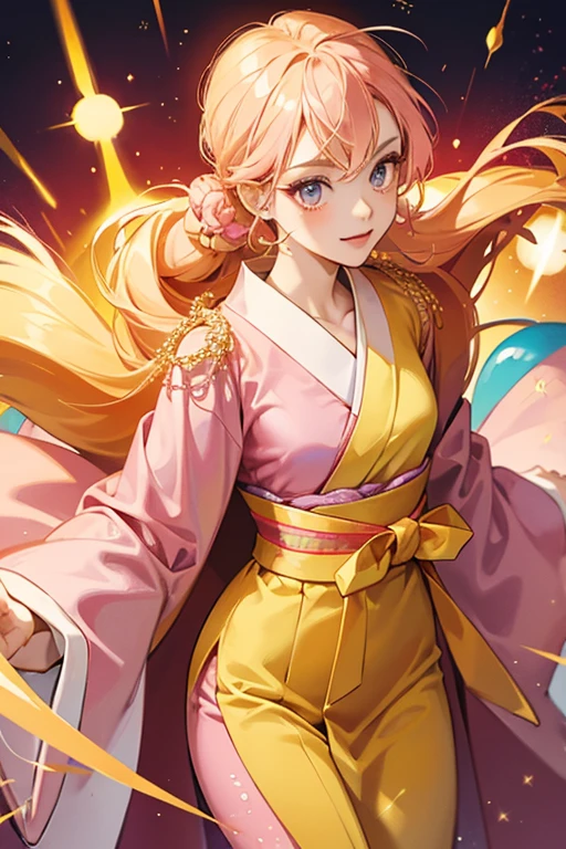 Lady Chamametchi wears a long pink robe over a yellow kimono tied with an orange sash. SPARKLE; GLITTER