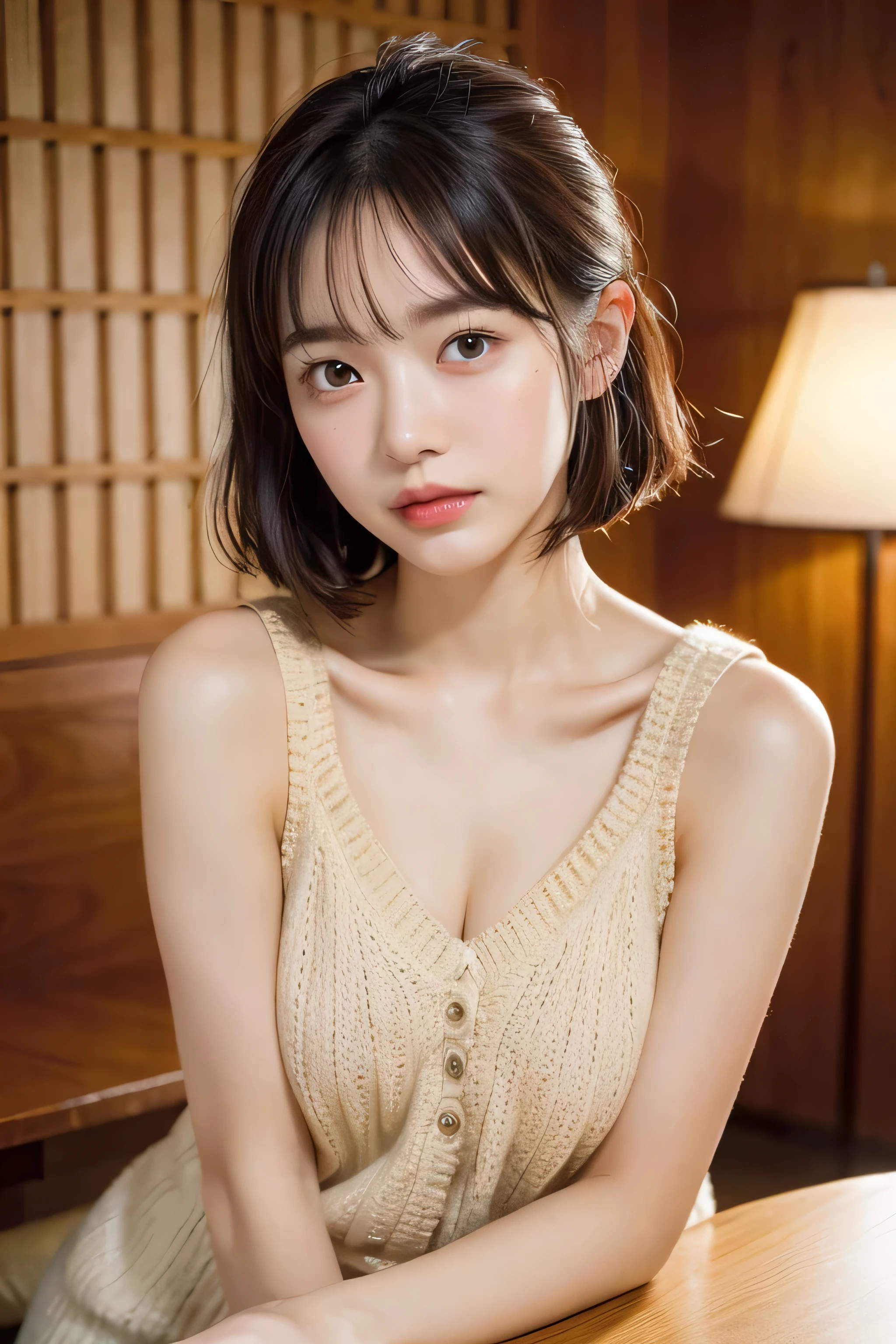 (natta:1.7), East Asian Architecture, 1 girl,  sixteen years old、Colossal tits　Beautiful shiny straight semi-long、Beautiful fingers,Beautiful long legs,Beauty Body，Cute nose，Beautiful character design，perfect  eyes，face perfect，looking at viewert，（Innocent_Big_Eyes：1.0），（light_Smile：0.3），offcial art，ighly detailed ，（tmasterpiece:1.0),(best_quality:1.0), 超A high resolution,4K,ultra - detailed, photography of, 8K, nffsw, hight resolution, the background is blurred, (Beautiful_Face:1.5),(8K,Raw photo, 、Relax at a ryokan in Japan、(The background is a café restaurant at night:1.3),(White tank top&White Beige Shoulder Length Knit Cardigan、Plaid Flared Micro Mini Skirt:1.3),(Colossal tits) Backgrounds with depth　Three-dimensional feeling　((White Beige Knitted Camisole、Thin string:1.4)) (Beautiful large breast),　(Sitting leaning forward with your chest proudly on the table:1.3)