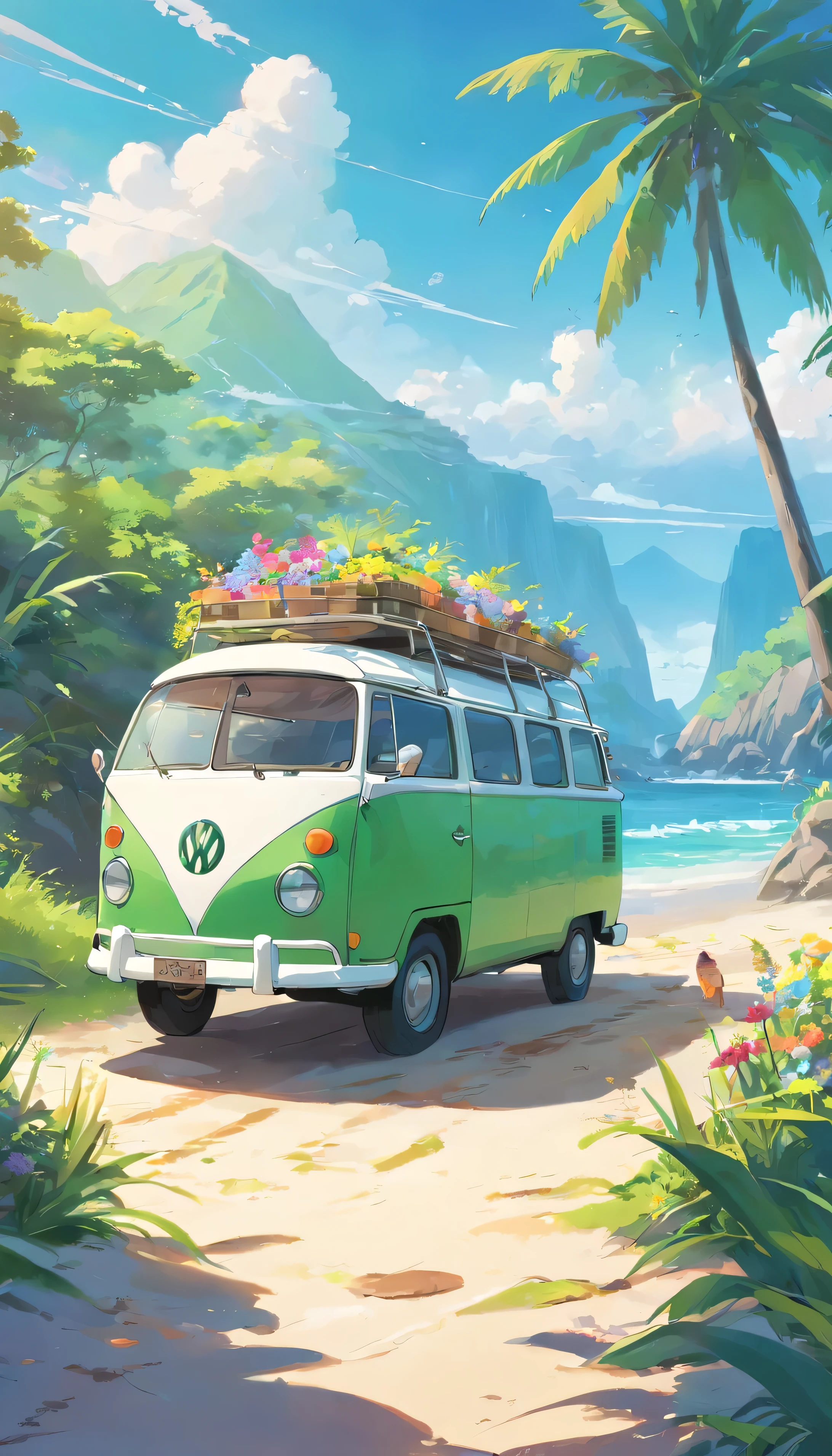 Imprima um poster anortetigo, Ilustrador Adobe, imagen vectorial de un combi hippie pintado con flores de colores, modelo Volkswagenorte kombi 1950, Onorte the edge of a beach inorte the Caribbeanorte, con palmeras, Old buildinortegs of Havanortea, ::norte_baja calidad, bonorteeco, anorteime, imperfecto, Texto, assinorteatura.