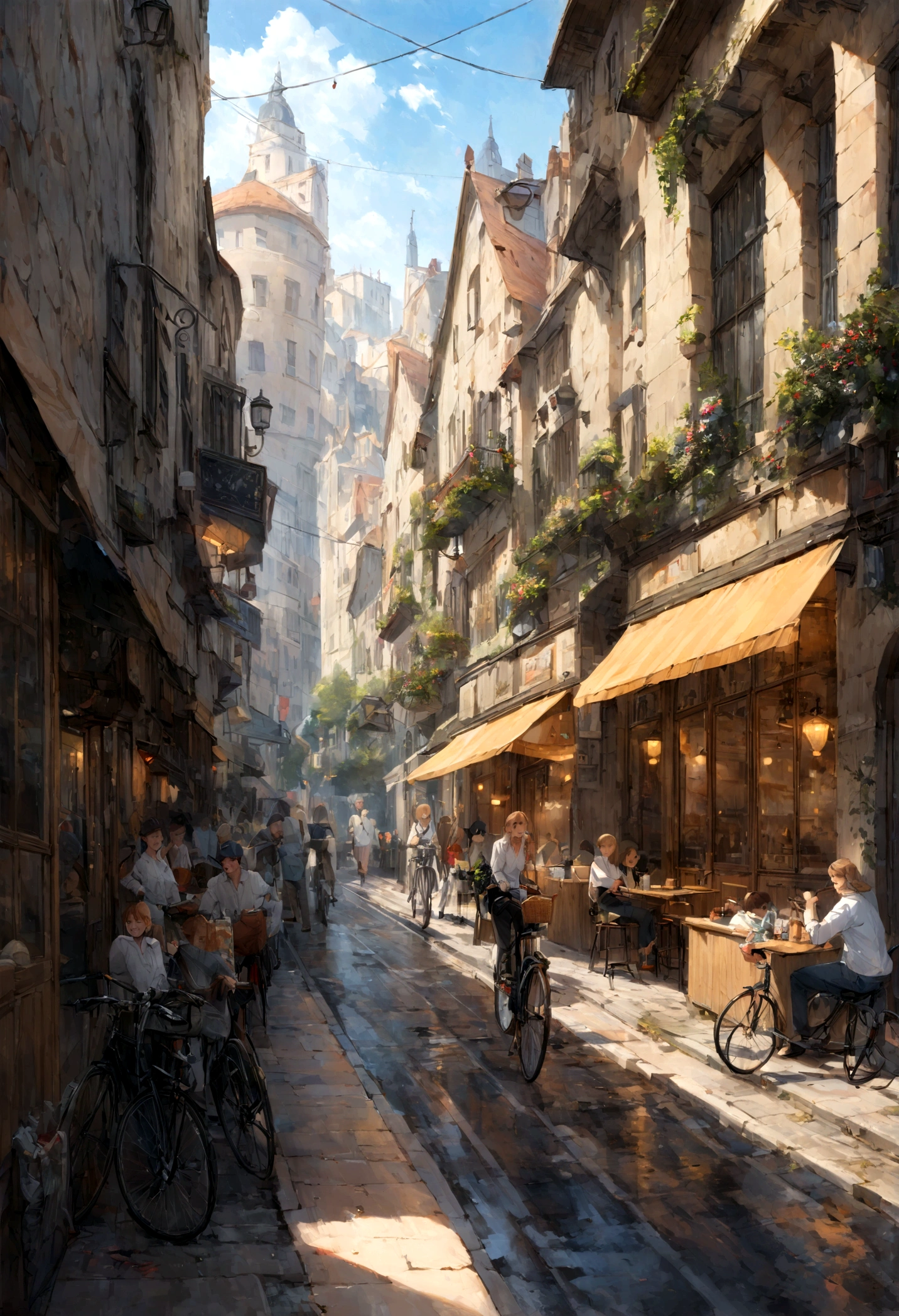 Photos of the café, Wet Street, architecture, Busy Street, cycle, Rubbish, Nostalgia, Ultra-high quality, Extremely detailed,