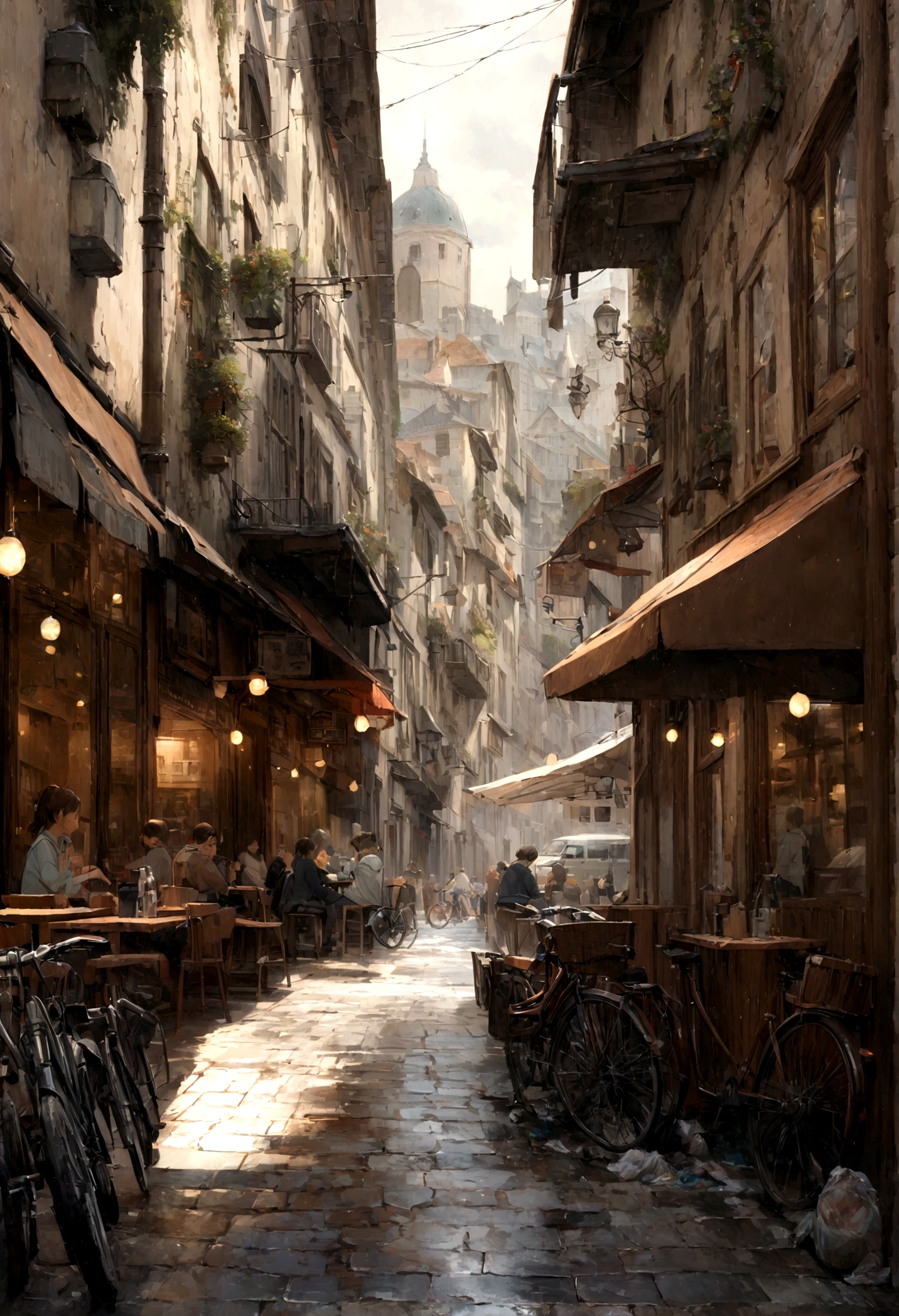 Photos of the café, Wet Street, architecture, Busy Street, cycle, Rubbish, Nostalgia, Ultra-high quality, Extremely detailed,