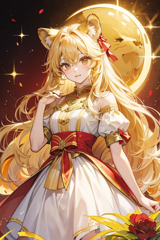 Lakotchi resembles a girl lion with a pale yellow body and yellow mane tied in a red bow. SPARKLE; GLITTER
