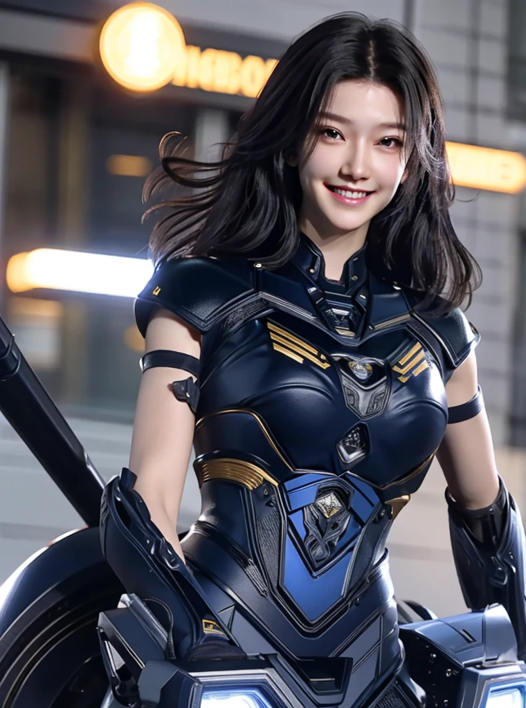 Armoured girl, realistic, long hair, dark blue robotics, smile, police woman