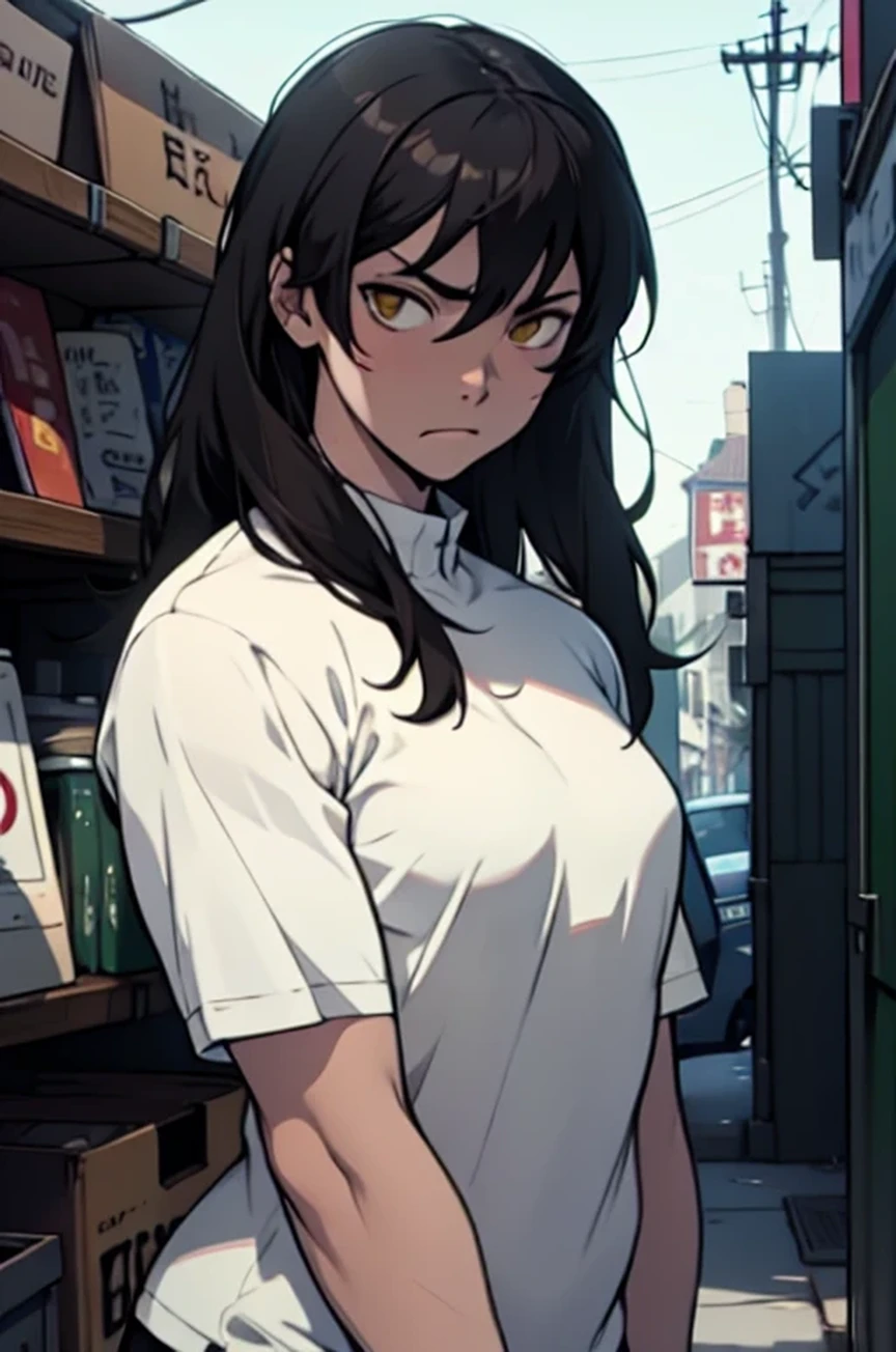 muscular girl small breasts thick thick thick thick thick black hair yellow eyes pale skin expressionless sad frown