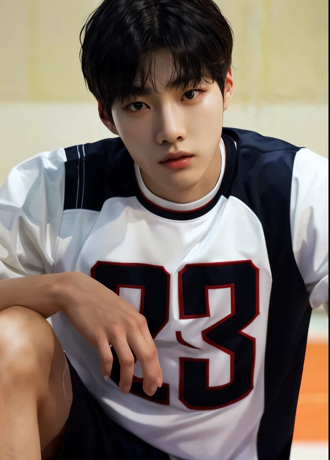 there is a male basketball player sitting on the court with his hands on his knees, jinyoung shin, jinyoung shin aesthetic, kim doyoung, taejune kim, hyung tae, seseon yoon, siwoo kim, jungkook, shin jeongho, wearing a volleyball jersey, wonbin lee, jaeyeon nam, shinji, sun-hyuk kim, south korean male