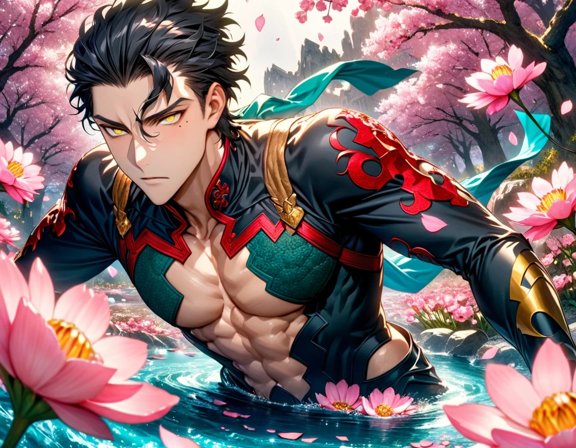 Ultra detailed, Highres, absurdres, HDR, master piece, Diarmuid Ua Duibhne, black hair, expressive yellow eyes, mole under his eye, Fate Grand Order, handsome, sexy man, solo, extremely detailed eyes and face, water, pink flowers, blossoms, petals, fantasy, magic, best quality, toned chest, black clothes