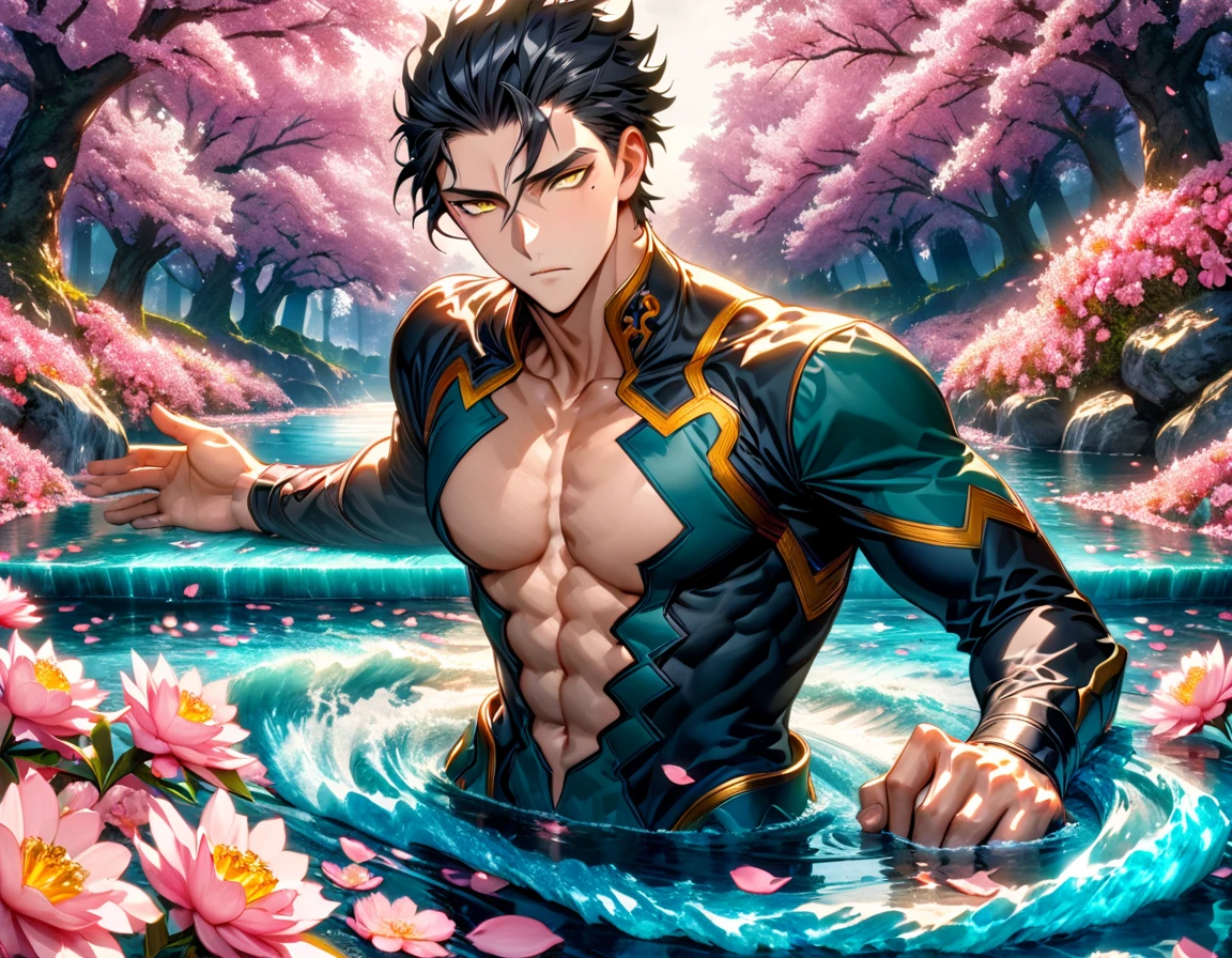 Ultra detailed, Highres, absurdres, HDR, master piece, Diarmuid Ua Duibhne, black hair, expressive yellow eyes, mole under his eye, Fate Grand Order, handsome, sexy man, solo, extremely detailed eyes and face, water, pink flowers, blossoms, petals, fantasy, magic, best quality, toned chest, black clothes