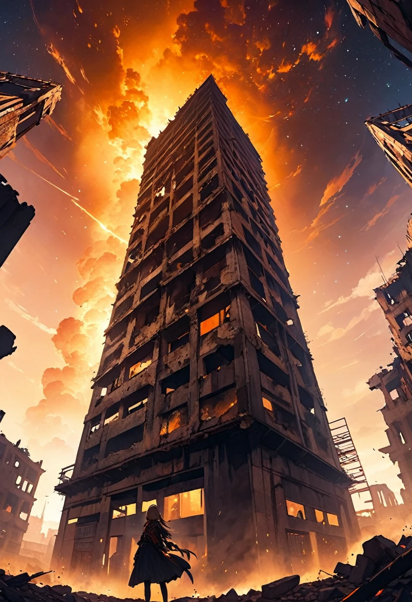 (A bad girl), Ruined city, battlefield, ruins, Smoke, Orange sky, dust, radiation, Starry Sky, from below, Wide-angle lens, movie lighting, Vague, Ultra wide angle, best quality, 8K