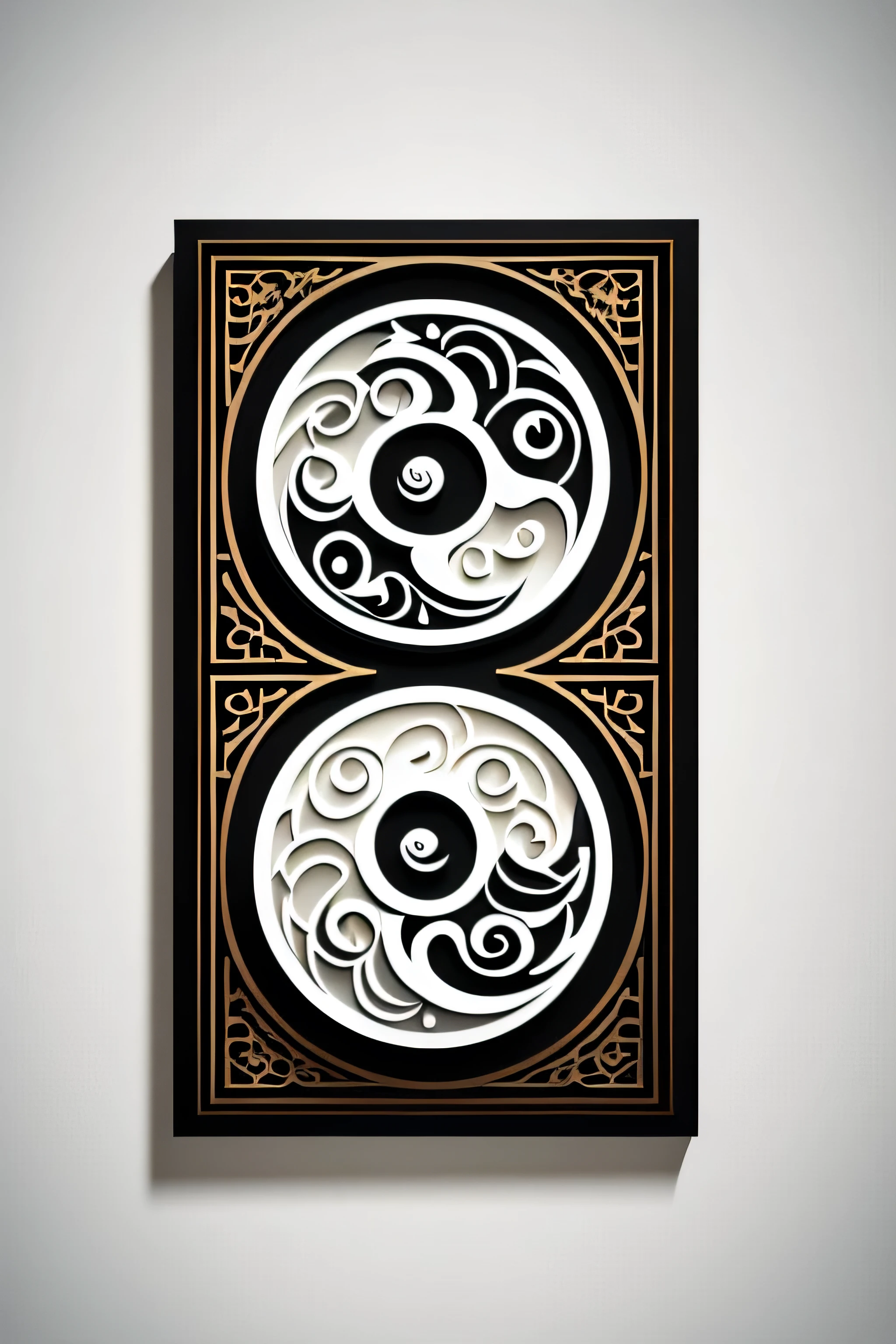 illustration of a balanced yin-yang symbol with intricate designs, with one side slightly extending out of a rectangular frame, representing harmony