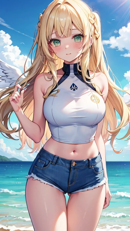 blonde，Green eyes，Long hair，Double tail，blush，Large Breasts，White race swimsuit，Denim shorts，Seaside background，Angel Family，Golden Wings，Bedroom Background