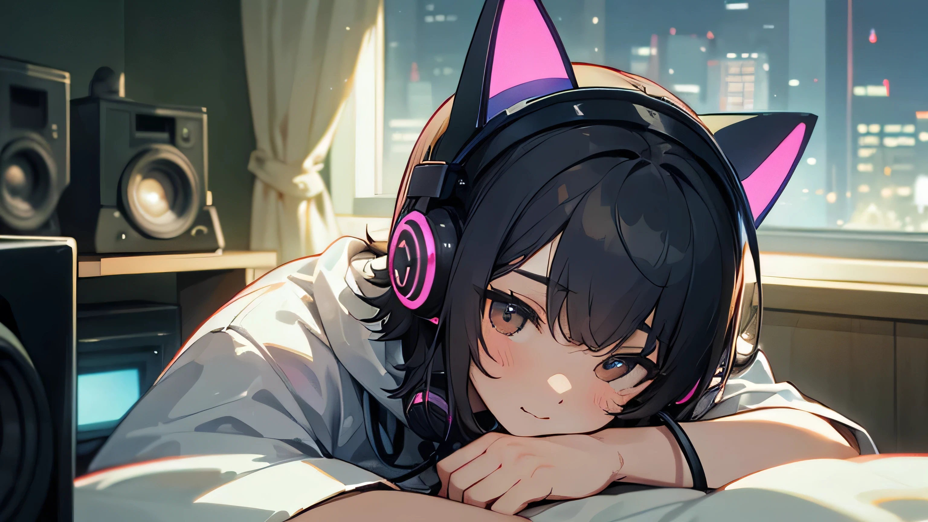 Room with speakers、Cat with headphones、Upper body close-up、night