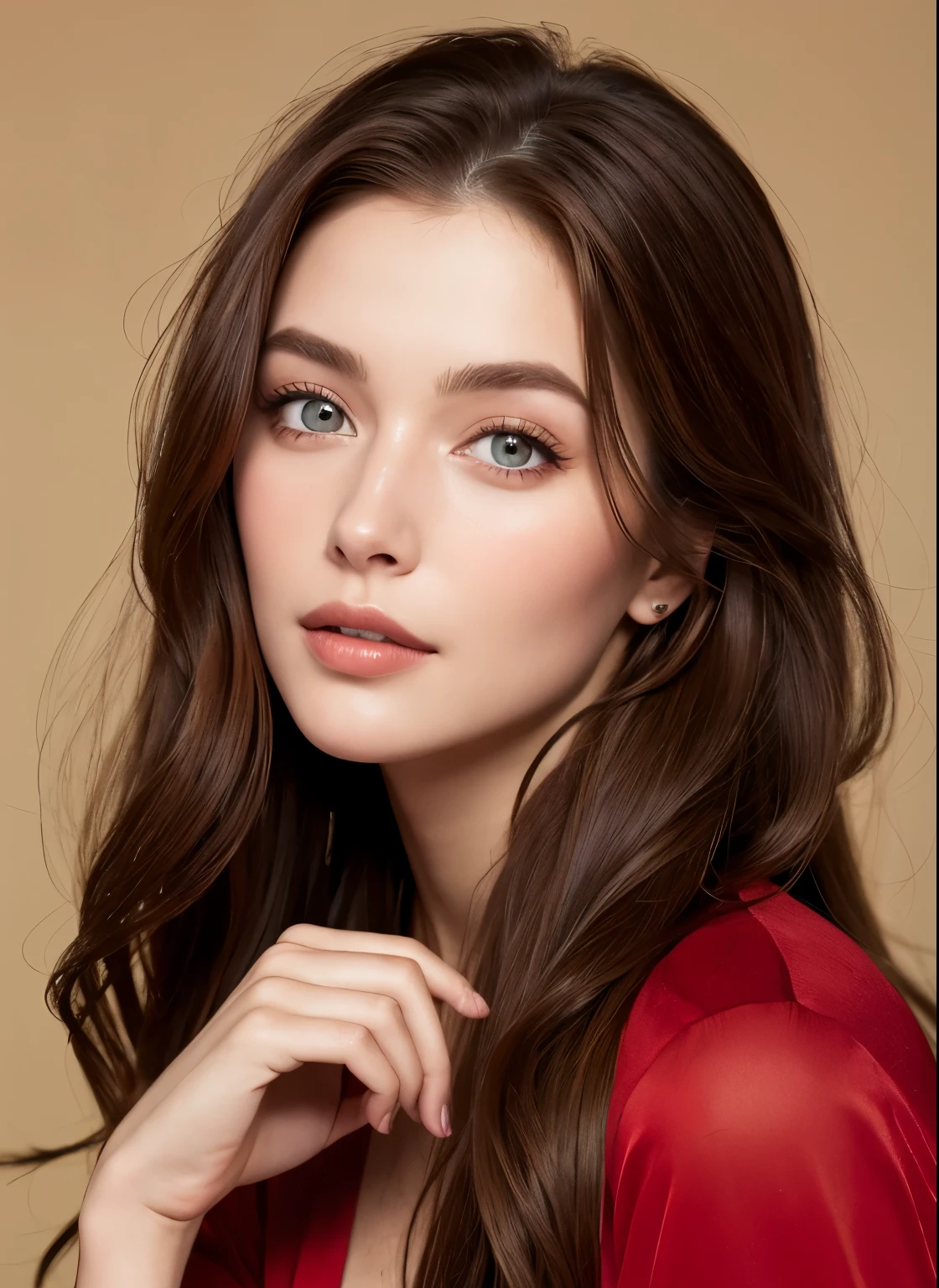 Close up portrait of long-haired woman in red dress, Portrait of Sophie Mudd, Attractive girl, Very beautiful face, Brown Hair Girl, Anna Nikonova、Also known as New Milky, Beautiful Model girl, Gorgeous and attractive face, Beautiful, round face, Beautiful Model, nodded, Attractive beautiful face, Gorgeous Woman, portrait of a Beautiful Model, Gorgeous young model