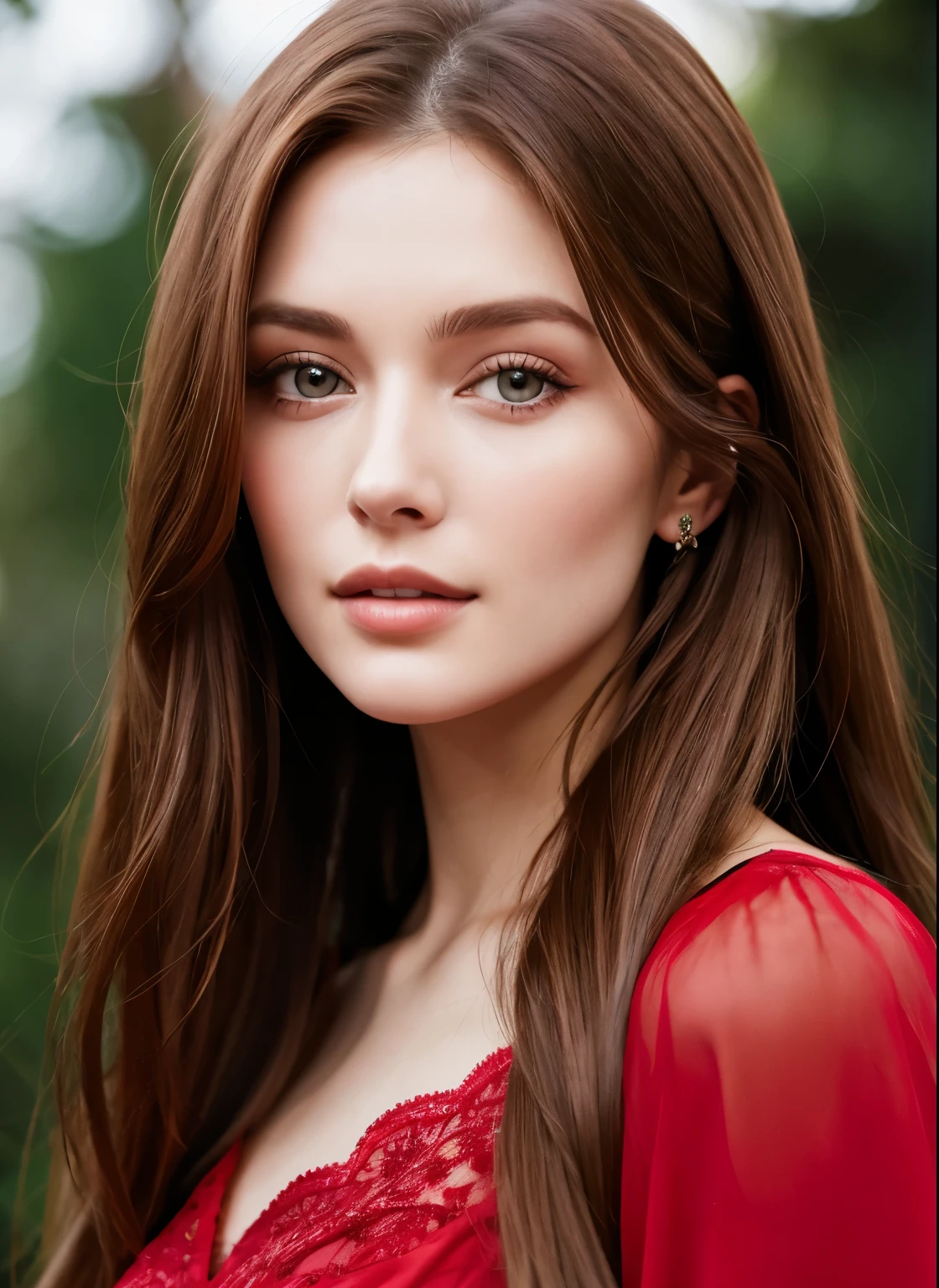 Close up portrait of long-haired woman in red dress, Portrait of Sophie Mudd, Attractive girl, Very beautiful face, Brown Hair Girl, Anna Nikonova、Also known as New Milky, Beautiful Model girl, Gorgeous and attractive face, Beautiful, round face, Beautiful Model, nodded, Attractive beautiful face, Gorgeous Woman, portrait of a Beautiful Model, Gorgeous young model