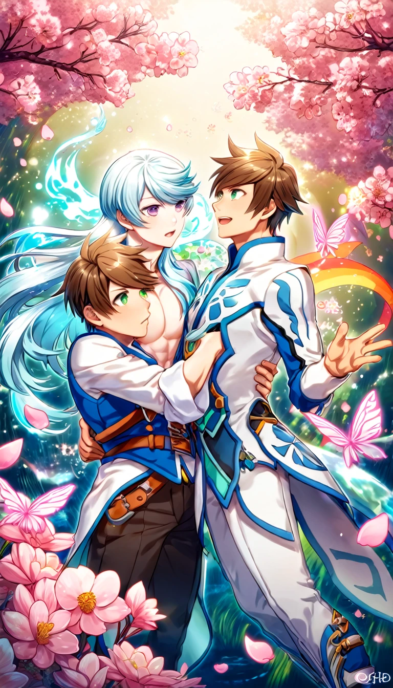 absurdres, highres, ultra detailed, HDR, master piece, best quality, Mikleo, white hair, expressive purple eyes, tales of zestiria, Sorey, brown hair, expressive green eyes, two sexy men together, gay couple, yaoi, handsome, toned chest,white clothes, magical, fantasy, shining, water, pink flowers, pink blossoms, pink butterflies, pink petals