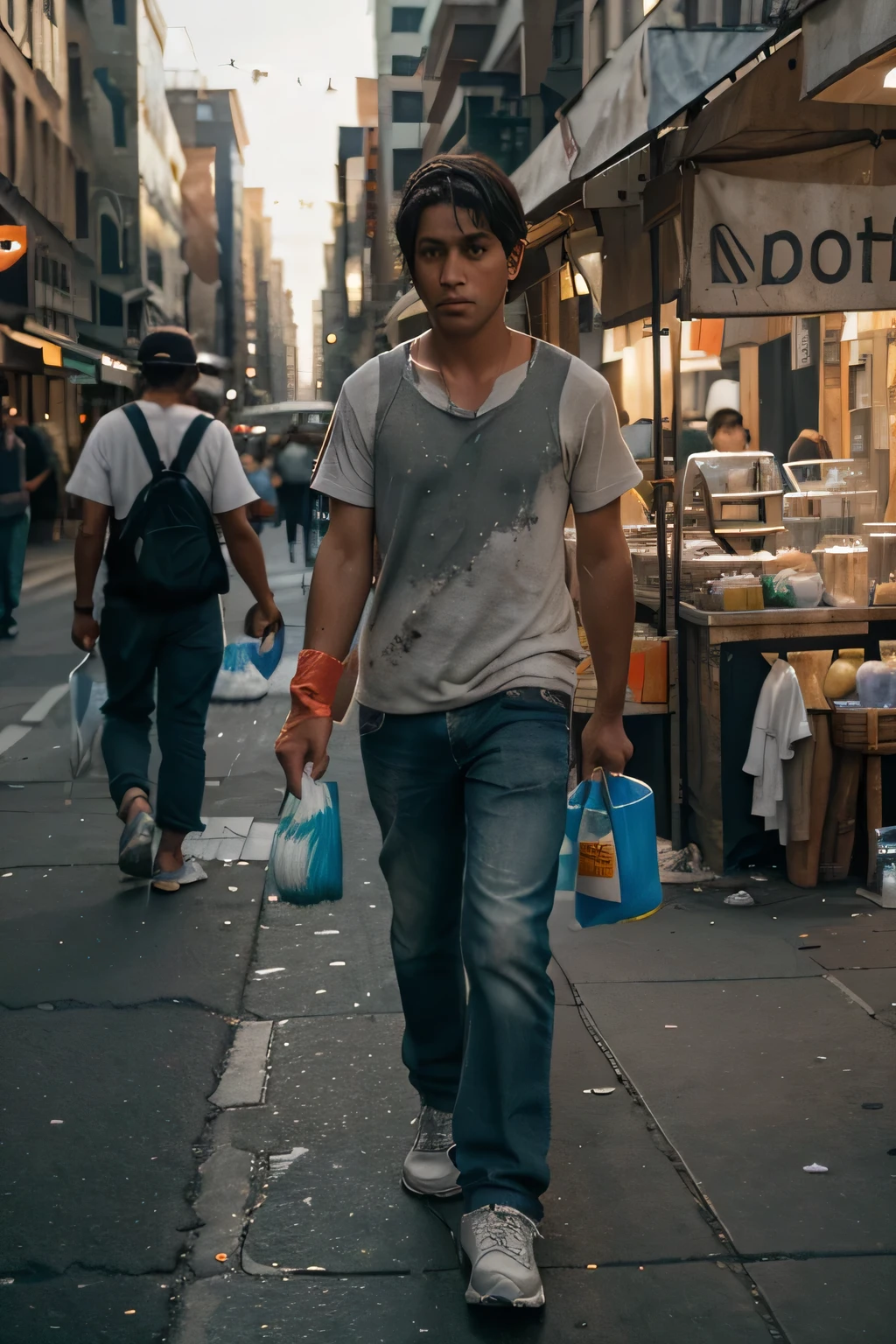 a boy selling cleaning products on a busy city street, dirty clothes, young vendor, urban setting, city life, street scene, people walking by, market stall, cleaning supplies, soap, brushes, sponges, mops, buckets, cityscape, buildings, traffic, crowd, photorealistic, cinematic lighting, detailed environment, muted color palette, gritty realism, documentary style