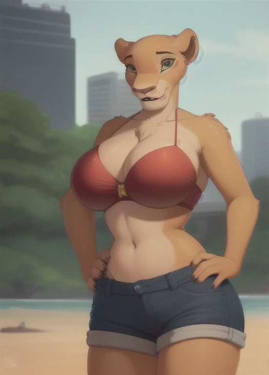 nala, furry female anthro, lion girl, portrait, fur trim, solo, (body fur:1.2), (best quality), (detailed urban background:1.2), dramatic lighting, (detailed fluffy fur:1.1), looking at viewer, big breasts, hand on hip, red bikini top, jean shorts, green eyes, full body, at the beach