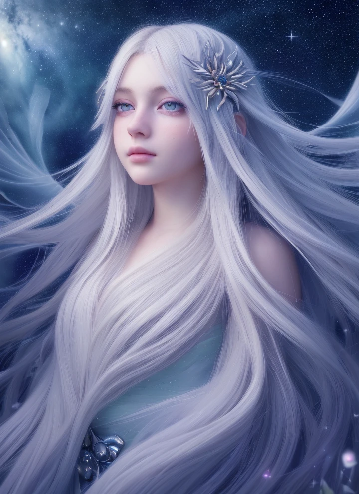 1girl, standing on earth, looking up at night sky, shimmering stars, beautiful detailed eyes, beautiful detailed lips, extremely detailed eyes and face, long eyelashes, serene expression, vibrant colors, dynamic composition, tranquil, (best quality,4k,8k,highres,masterpiece:1.2),ultra-detailed,(realistic,photorealistic,photo-realistic:1.37),animal cosplay,white long hair,FINAL FANTASY,kawaii Japanese,animal eyes,fantasy,dreamy,ethereal,magical realism,soft lighting,glowing,detailed background
