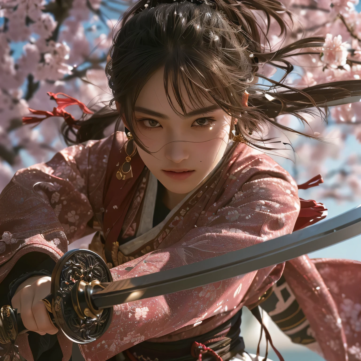 ultra high definition, hyperrealistic, 16k, photorealistic, Super detailed, Rich details, Beautiful decoration, japanese swordsman, teenager, momotarou, a person confident,  windy day, Sakura dancing,