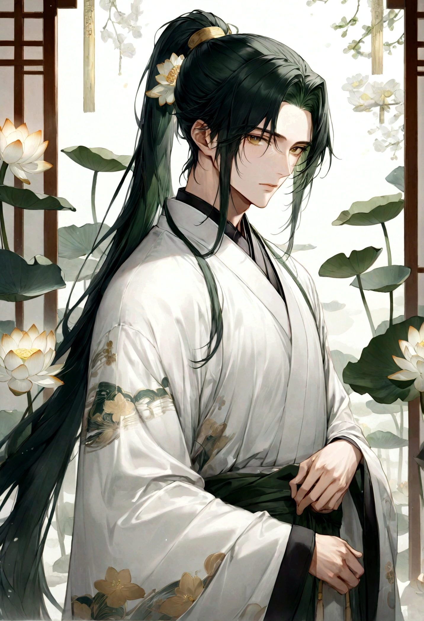 ((top-quality)), ((masterpiece)), ((ultra-detailliert)), (extremely delicate and beautiful), handsome man, dark green hair, long straight hair, high ponytail hairstyle, golden eyes, serene expression, wearing wuxia styled robes, sleeves are sheer and silky, white sleeves, white robes with green patterns, lotus flowers on robe, dark pants, white lotus flowers in the background