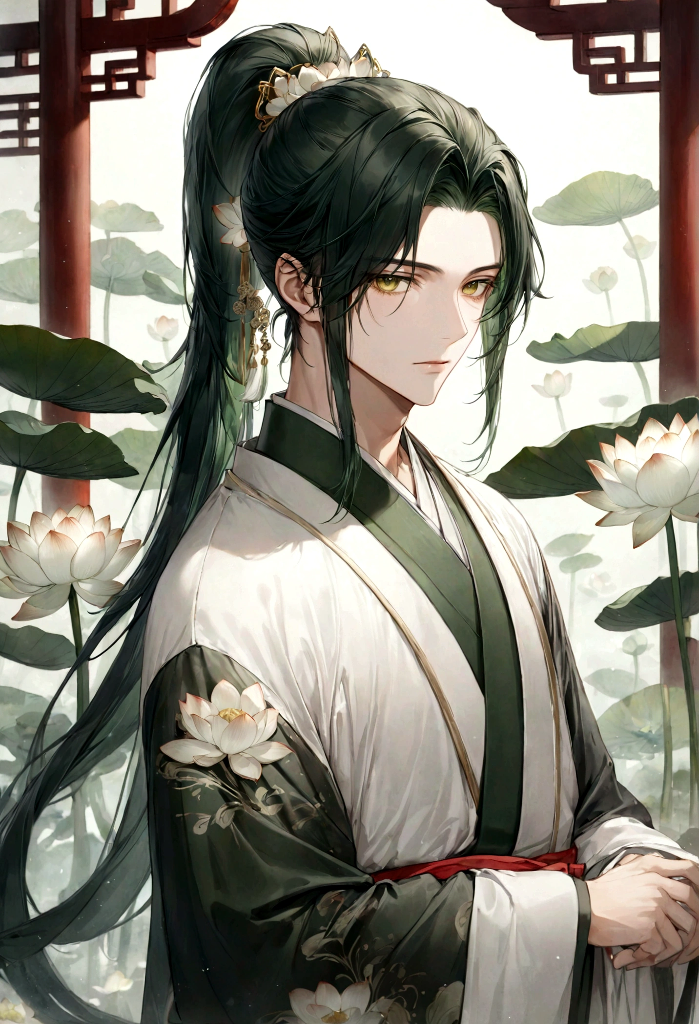 ((top-quality)), ((masterpiece)), ((ultra-detailliert)), (extremely delicate and beautiful), handsome man, dark green hair, long straight hair, high ponytail hairstyle, golden eyes, serene expression, wearing wuxia styled robes, sleeves are sheer and silky, white sleeves, white robes with green patterns, lotus flowers on robe, dark pants, white lotus flowers in the background