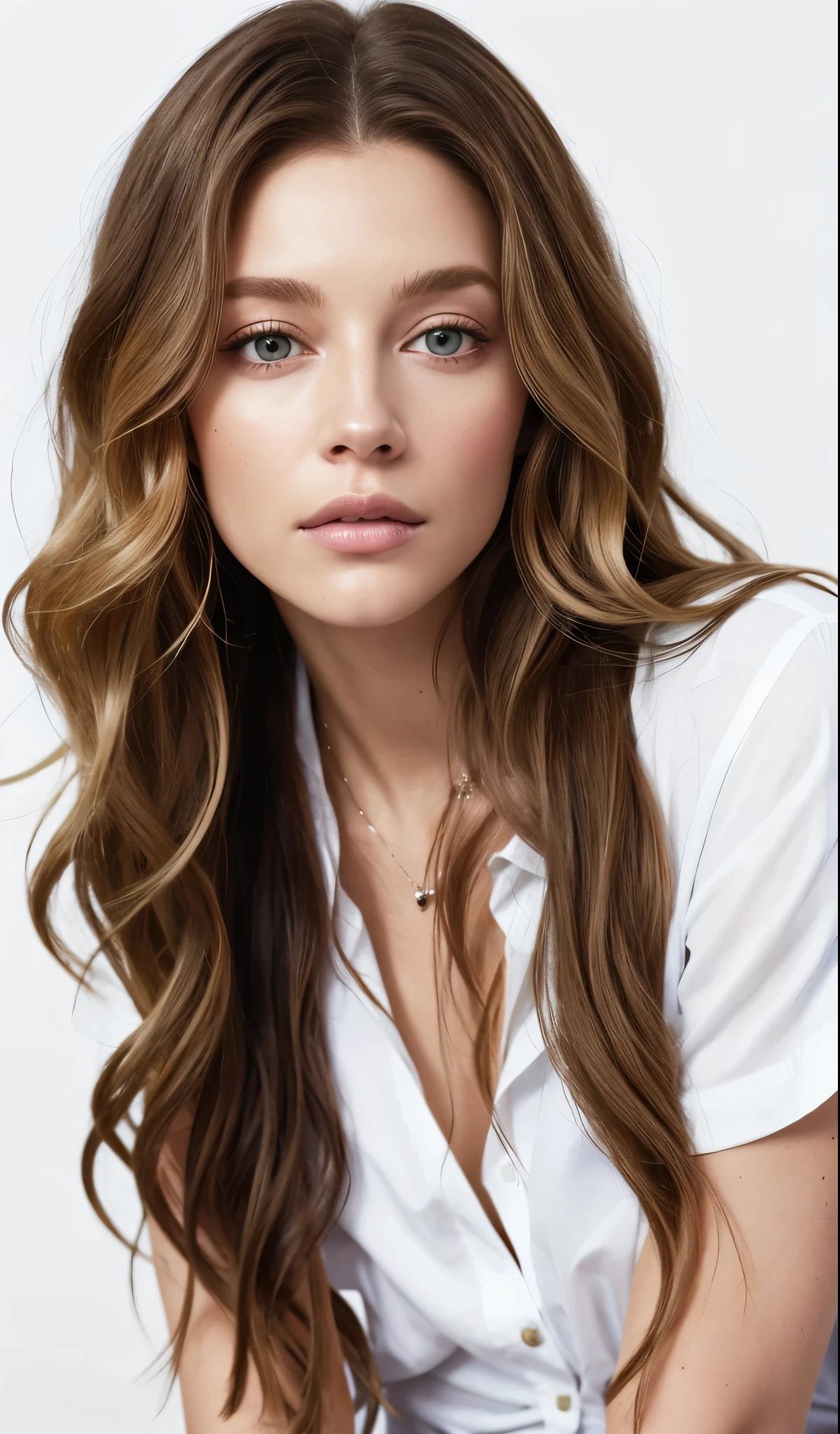 a woman with long hair and a white shirt posing for a picture, Portrait of Sophie Mudd, Brunette with dyed blonde hair, Jodi Bateman, Sydney Sweeney, Daniela Uurig, No makeup, wavy hair, nodded, Ellie Victoria Gale, Bernardini's Olivia, Sidney Hanson, Very beautiful face, Profile photo, Miranda Kerr, Gorgeous and attractive face