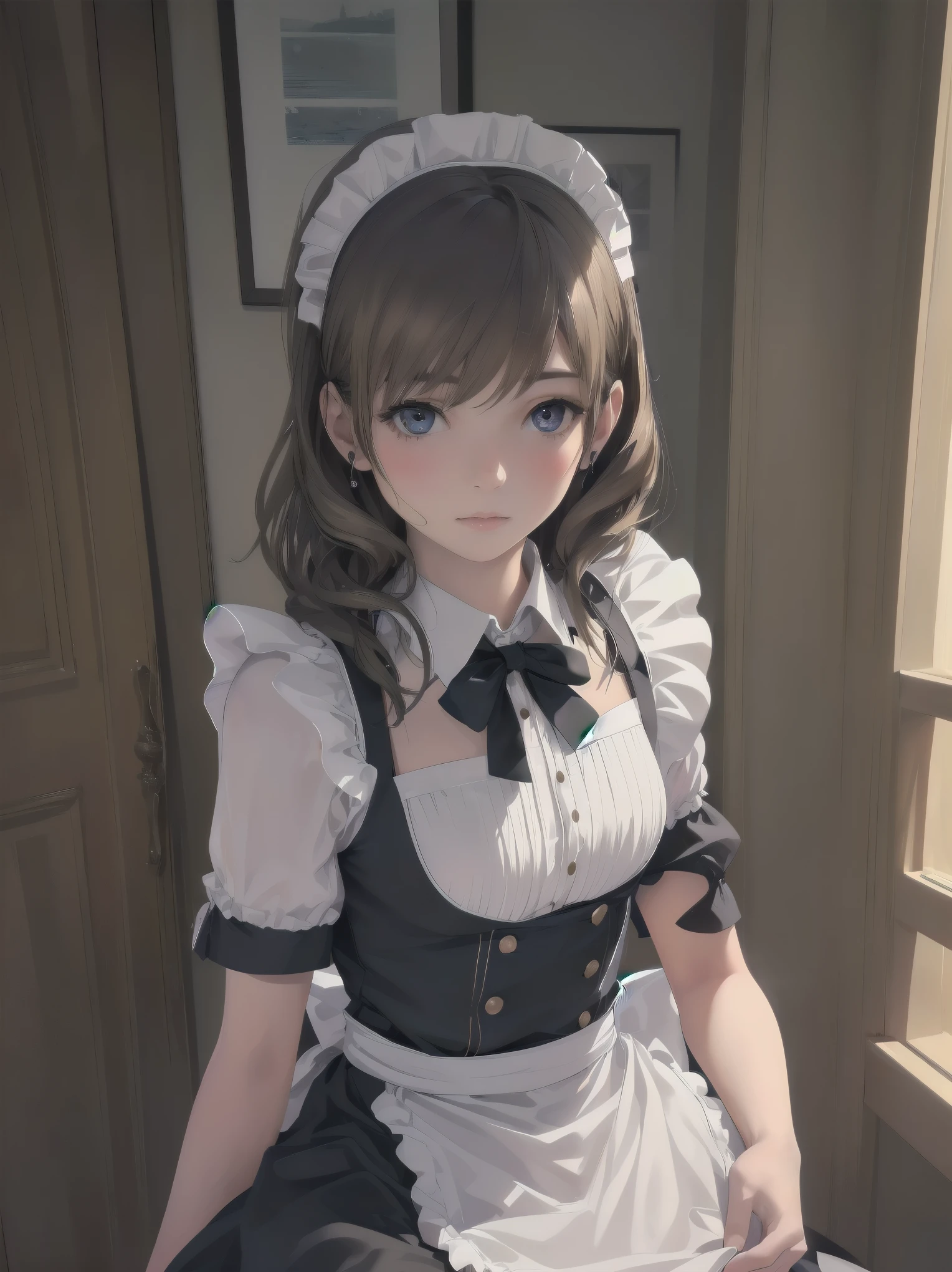 1girl,best quality,ultra-detailed,high resolution,(photorealistic, realistic, photo-realistic:1.2),good night, (bronze hear:1.2), maid