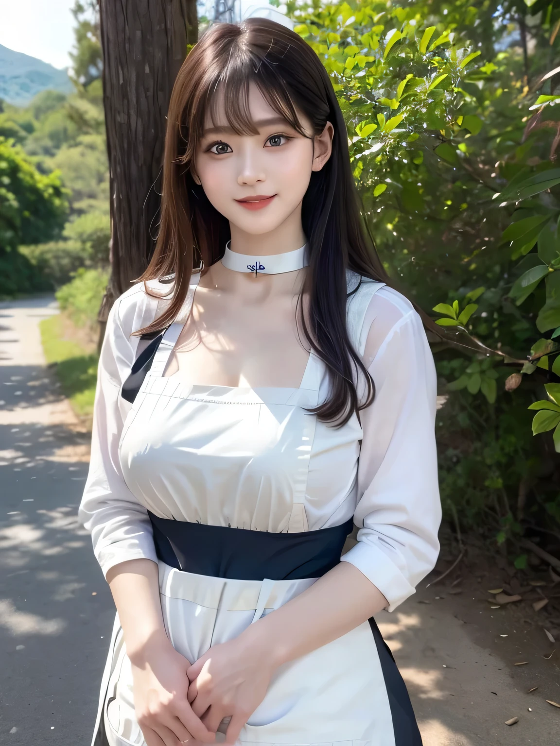 Group photo、2Women of Man、pair、(highest quality, masterpiece:1.3, 超A high resolution), (Very detailed, Caustics), (Realistic:1.4, RAW shooting), Ultra-Realistic Capture, Very detailed,High resolution 16k, Human skin close-up, The skin texture is natural, It must be detailed enough to be easily identifiable, Skin should look healthy and have an even tone, Use natural light and color, ((apron:1.4)), ((the body is slim)), girl, Japanese, 18-year-old, cute, Straight Long Hair, , ((smile)), (View from the front:1.1), Looking into the camera, focused on the , Light brown hair, ((Black choker)), Very long and bushy eyelashes, blue eyes, bangs, , Red lips, , Mountain、Forest