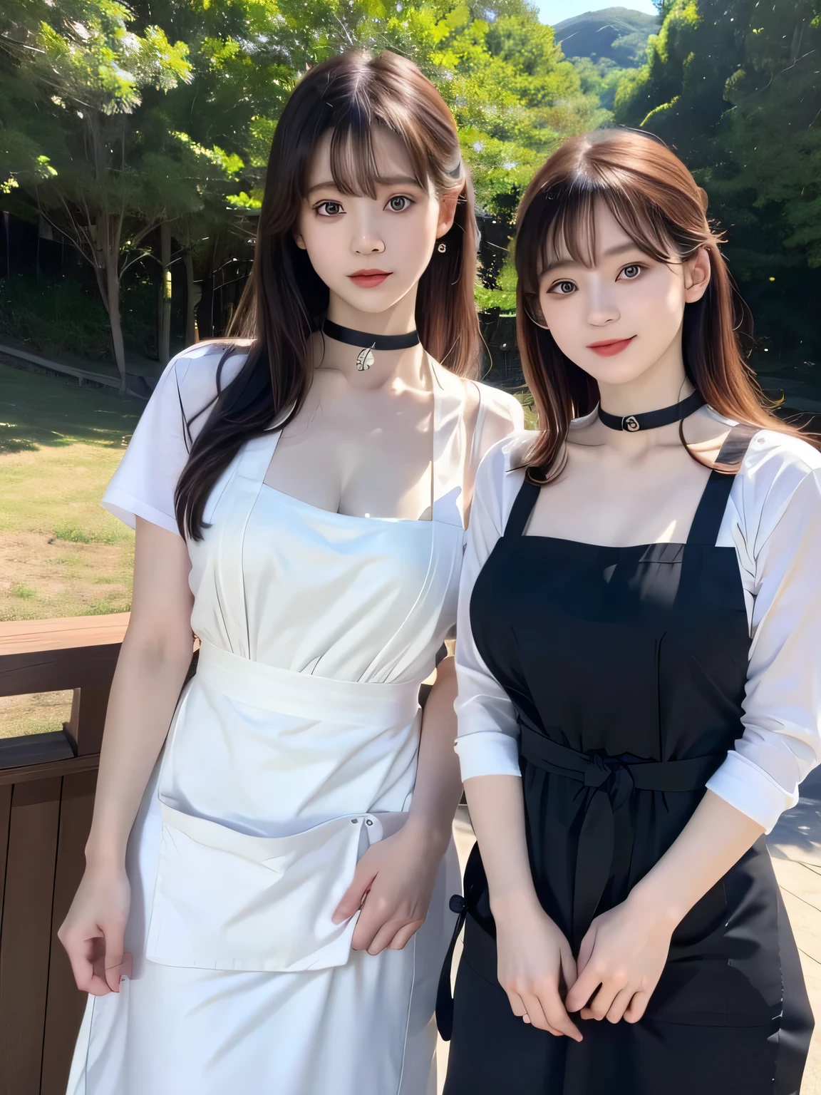 Group photo、2Women of Man、pair、(highest quality, masterpiece:1.3, 超A high resolution), (Very detailed, Caustics), (Realistic:1.4, RAW shooting), Ultra-Realistic Capture, Very detailed,High resolution 16k, Human skin close-up, The skin texture is natural, It must be detailed enough to be easily identifiable, Skin should look healthy and have an even tone, Use natural light and color, ((apron:1.4)), ((the body is slim)), girl, Japanese, 18-year-old, cute, Straight Long Hair, Big Breasts, ((smile)), (View from the front:1.1), Looking into the camera, focused on the chest, Light brown hair, ((Black choker)), Very long and bushy eyelashes, blue eyes, bangs, Big Breasts, Red lips, , Mountain、Forest