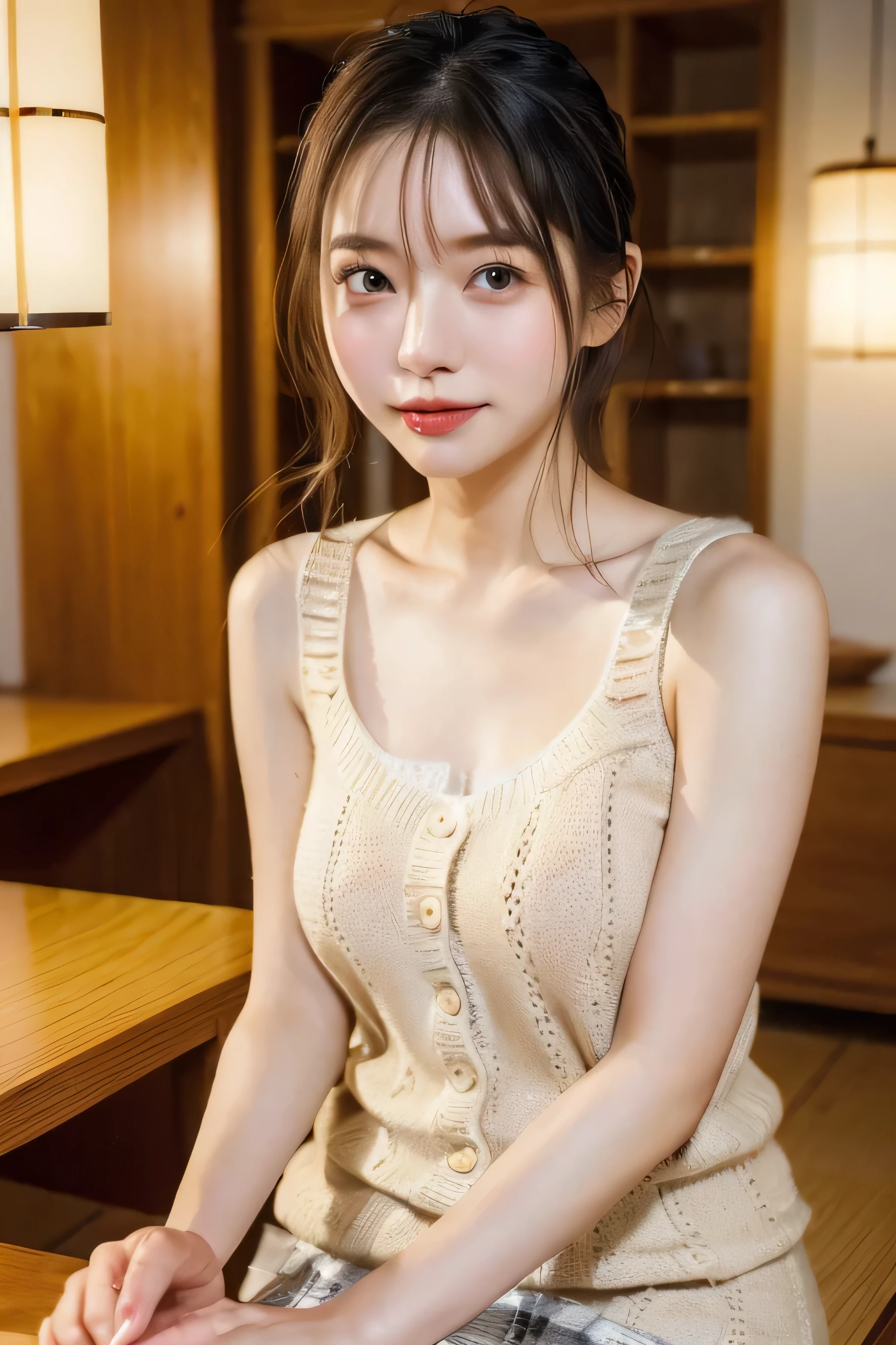 (natta:1.7), East Asian Architecture, 1 girl, sixteen years old、Colossal tits Beautiful shiny straight semi-long、Beautiful fingers,Beautiful long legs,Beauty Body,Cute nose,Beautiful character design,perfect eyes,face perfect,looking at viewert,(Innocent_Big_Eyes:1.0),(light_Smile:0.3),offcial art,ighly detailed ,(tmasterpiece:1.0),(best_quality:1.0), 超A high resolution,4K,ultra - detailed, photography of, 8K, nffsw, hight resolution, the background is blurred, (Beautiful_Face:1.5),(8K,Raw photo, 、Relax at a ryokan in Japan、(The background is a café restaurant at night:1.3),(White tank top&White Beige Shoulder Length Knit Cardigan、Plaid Flared Micro Mini Skirt:1.3),(Colossal tits) Backgrounds with depth Three-dimensional feeling ((White Beige Knitted Camisole、Thin string:1.4)) (Beautiful large breast), (Sitting leaning forward with your chest proudly on the table:1.3)