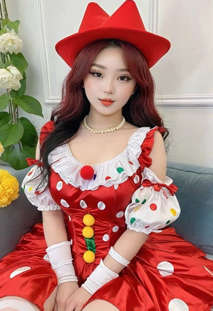 (((high quality:1.2))), Work of art, (8k), extremely detailed, ((High detail:1.2)) ((best resolution)), (Hotlexi woman), Solo, 24 year old Korean Ulzzang female, ((sexy clown outfit)),