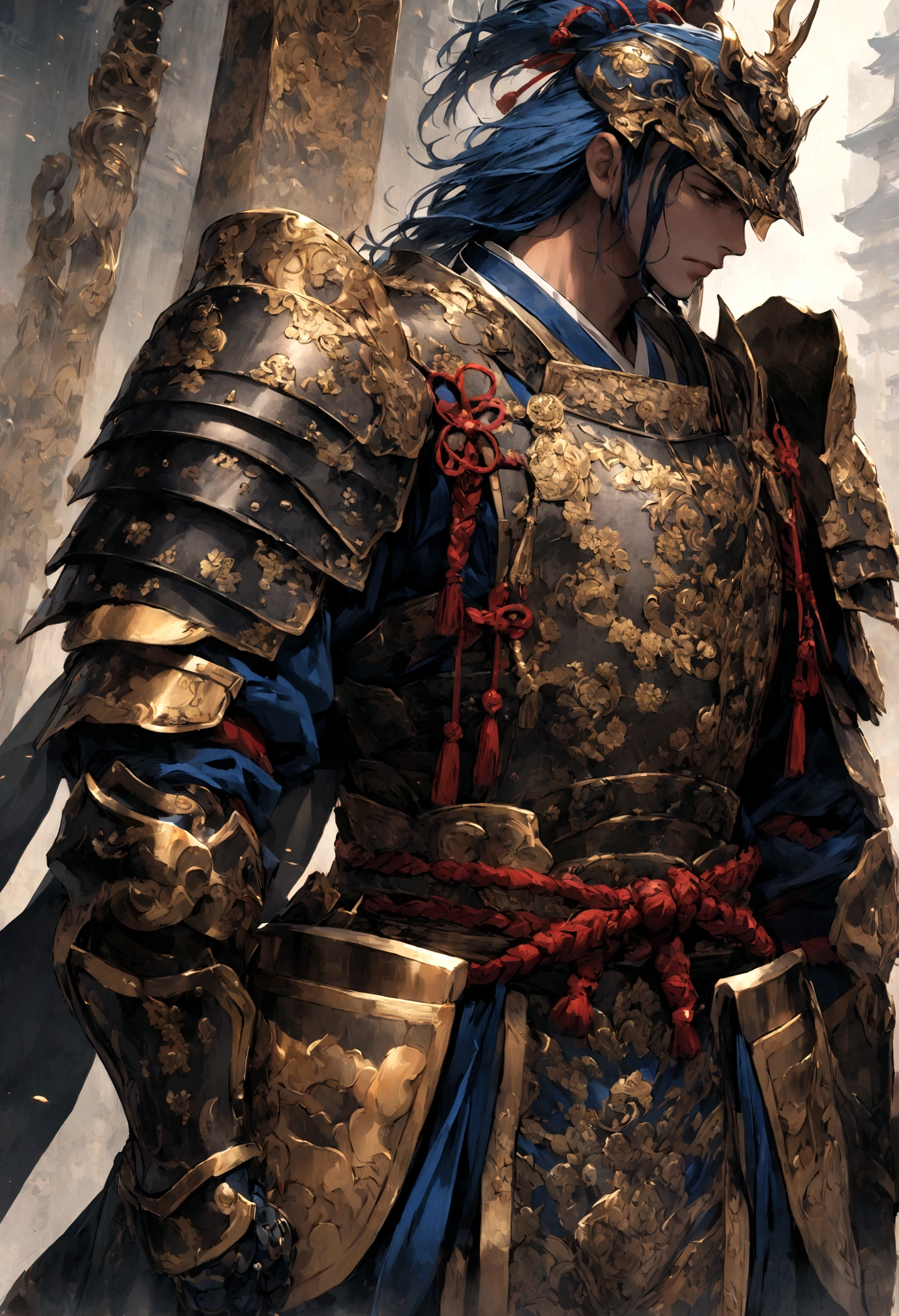 vestida com uma armadura tradicional de samurai, which includes intricately decorated metal plates and a sturdy kimono underneath. His armor is a dark tone, talvez preto ou azul profundo, adorned with gold or silver patterns that highlight its prestigious position and attention to detail.