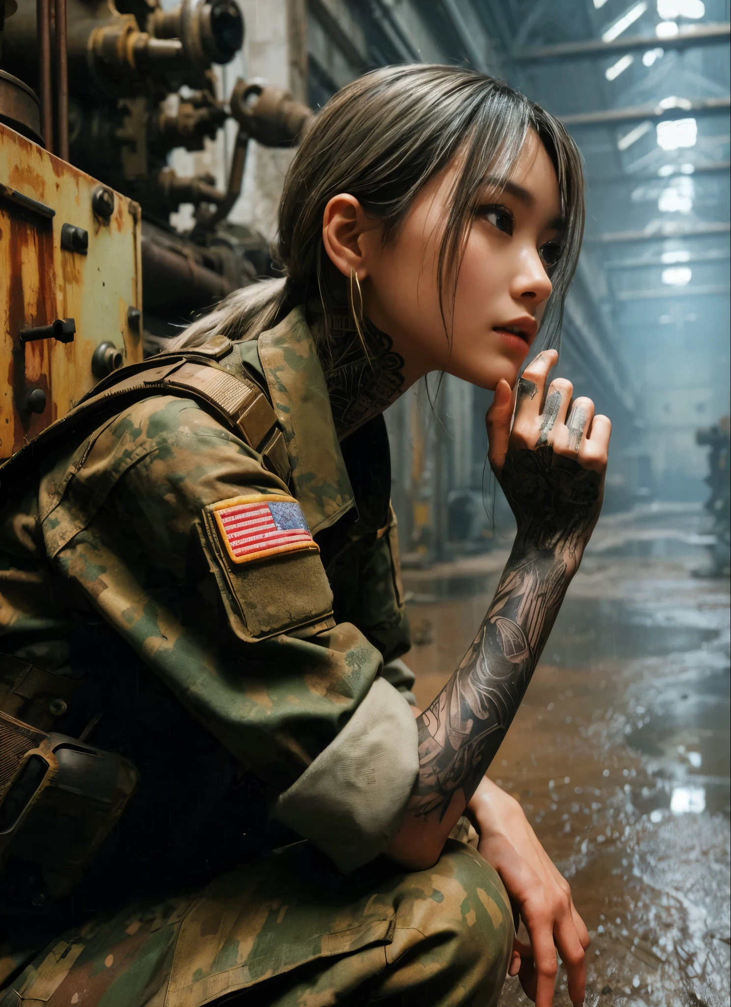 
8k,Realistic Photo、Realistic Skin Texture、Superrealism、Japanese women in the U.S. military、Searching for something in a mysterious abandoned factory、The concrete floor is cracked and wet.、Abandoned machinery is rusting and decaying.、Tattoo