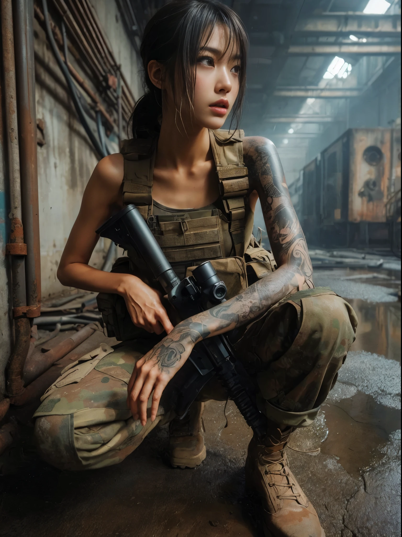 8k,Realistic Photo、Realistic Skin Texture、Superrealism、Japanese women in the U.S. military、Searching for something in a mysterious abandoned factory、The concrete floor is cracked and wet.、Abandoned machinery is rusting and decaying.、Tattoo